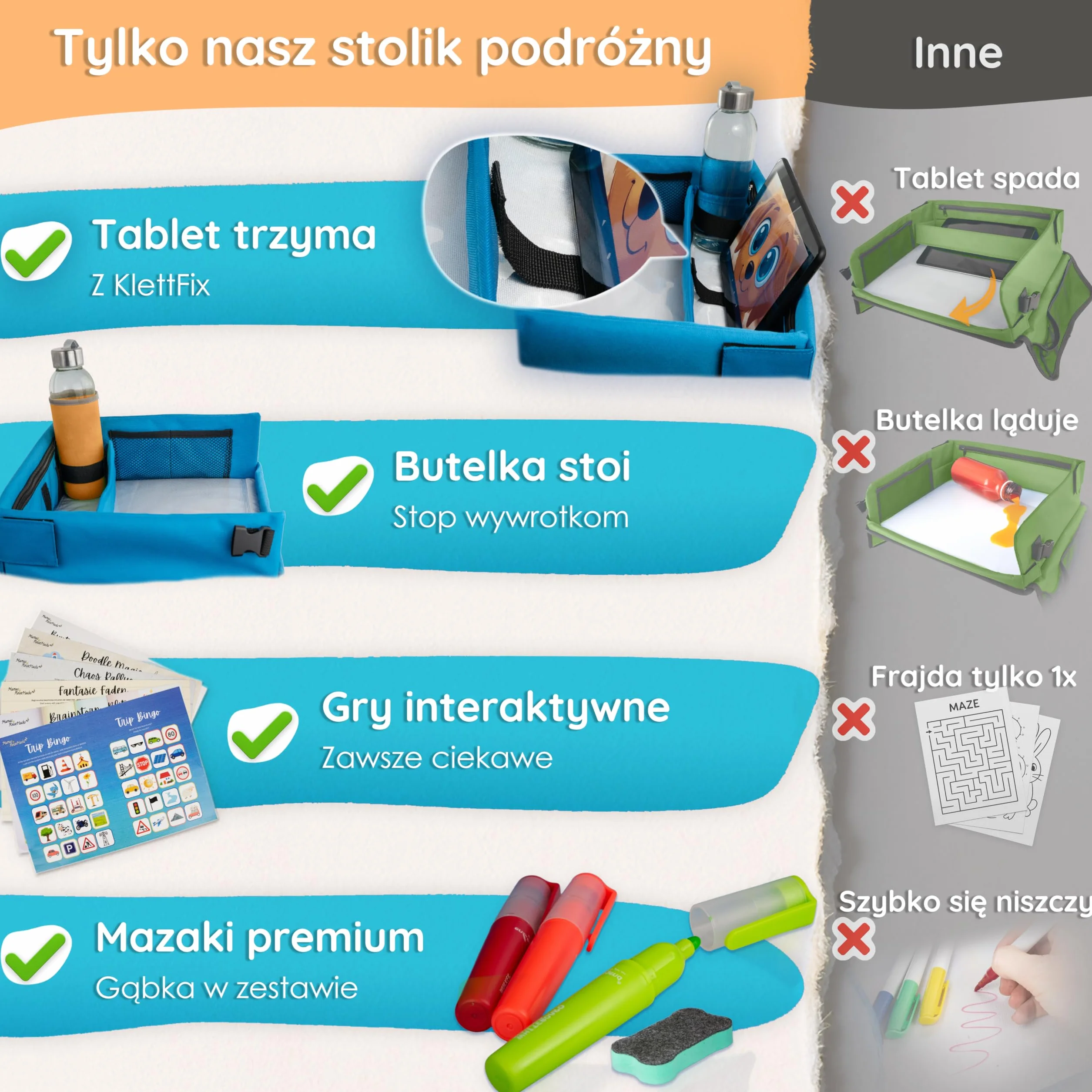 Mamas Reise Hacks Stół podróżny do samochodu dla dzieci – [ze stoperem na tablet i grą samochodową] na tylne siedzenie i jazdę samochodem – stolik dziecięcy, stolik do zabawy, taca na kolana