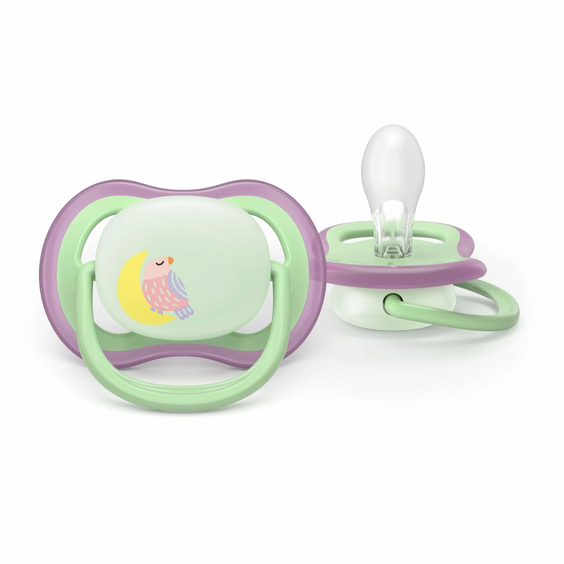 Philips Avent smoczek ultra air Nighttime – dopasowany do szczęki, dla dzieci w wieku 6-18 miesięcy, świeci w ciemności, miękki, symetryczny silikonowy smoczek, nie zawiera BPA, 2 sztuki, SCF376/29