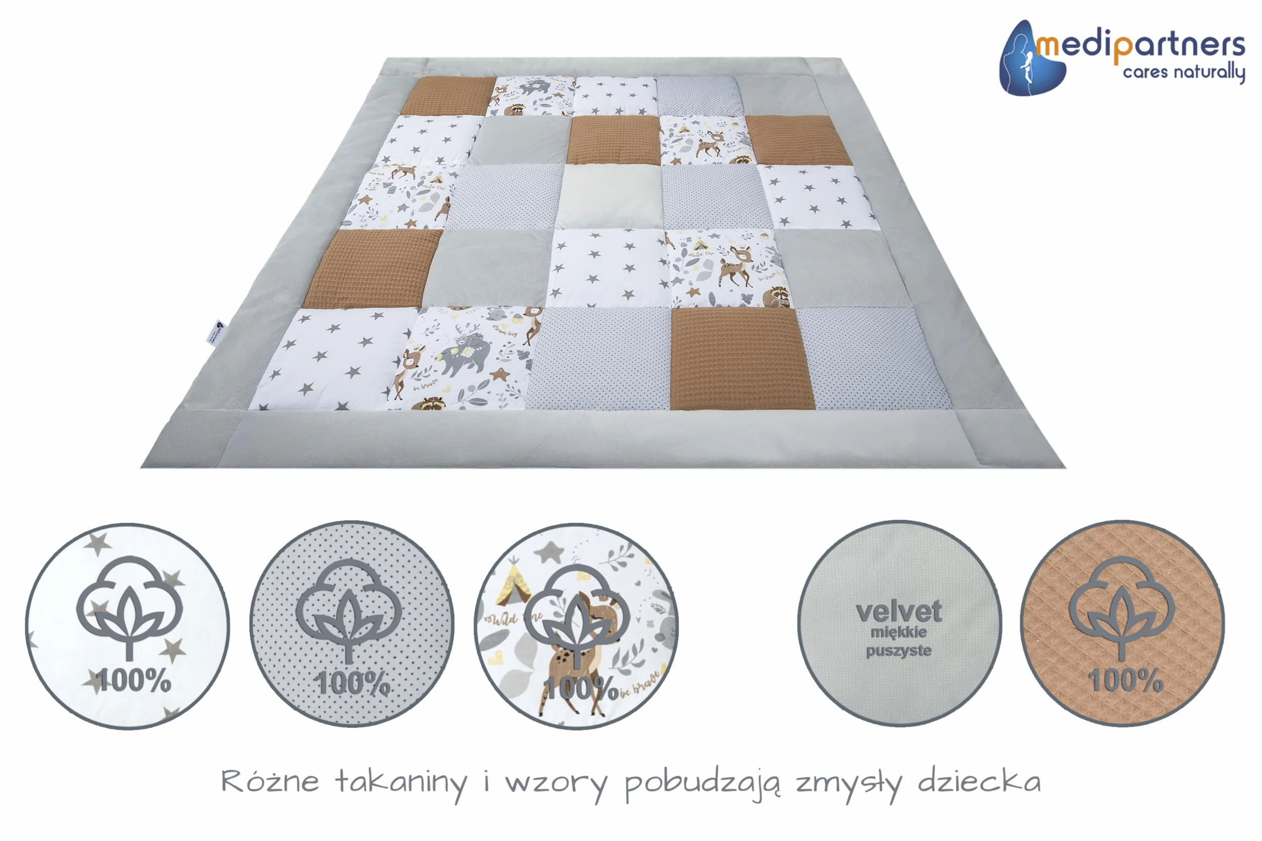 Medi Partners Koc do raczkowania Mata do zabaw 100% bawełna 120x120cm Wielofunkcyjny Gruby Miękki dla niemowląt
