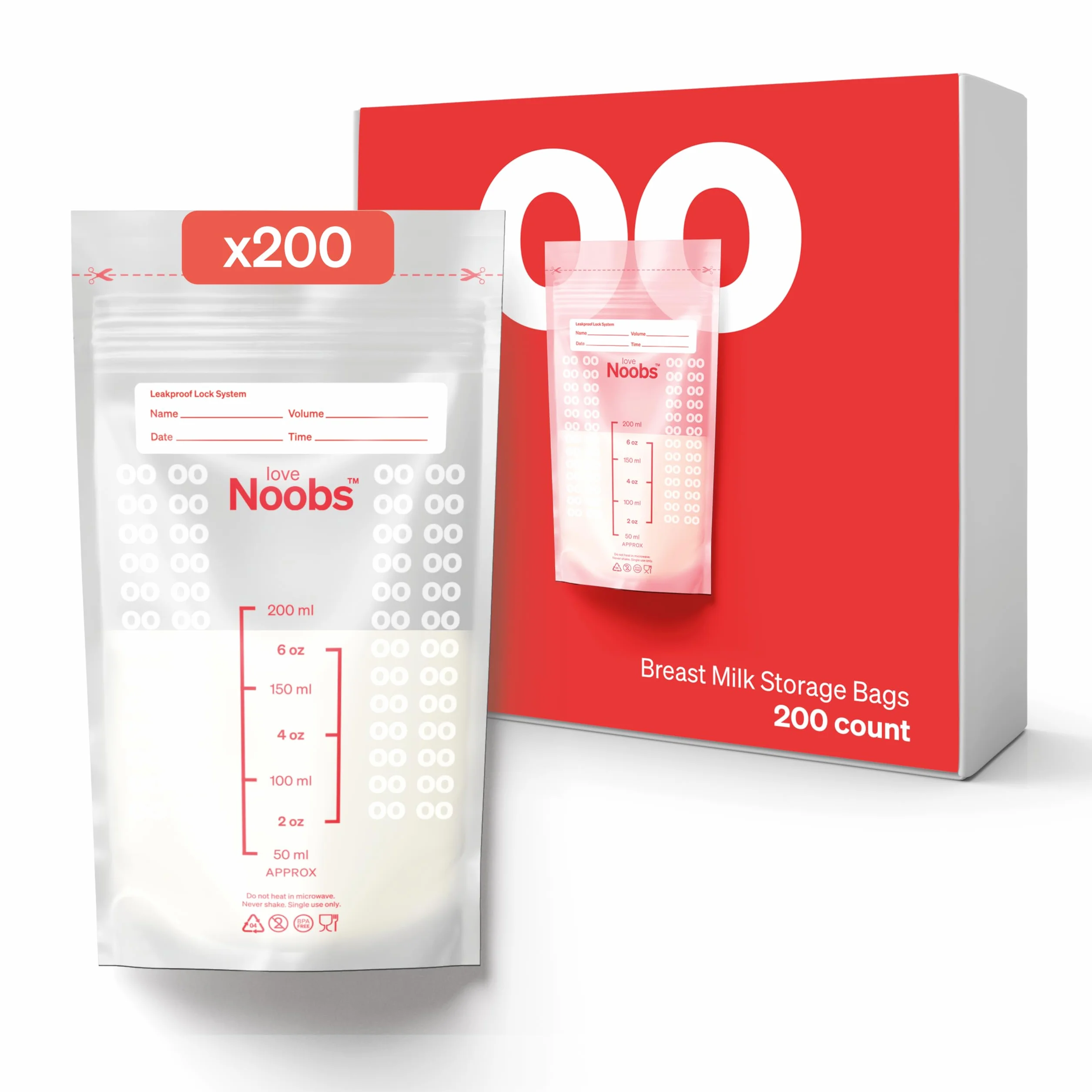 LoveNoobs™, Worki Na Mleko Matki, Łatwe W Użyciu, Do Zamrażania, Wstępnie Sterylizowane, 200 Sztuk – 200 ML, Woreczki Na Mleko Matki Do Karmienia Piersią