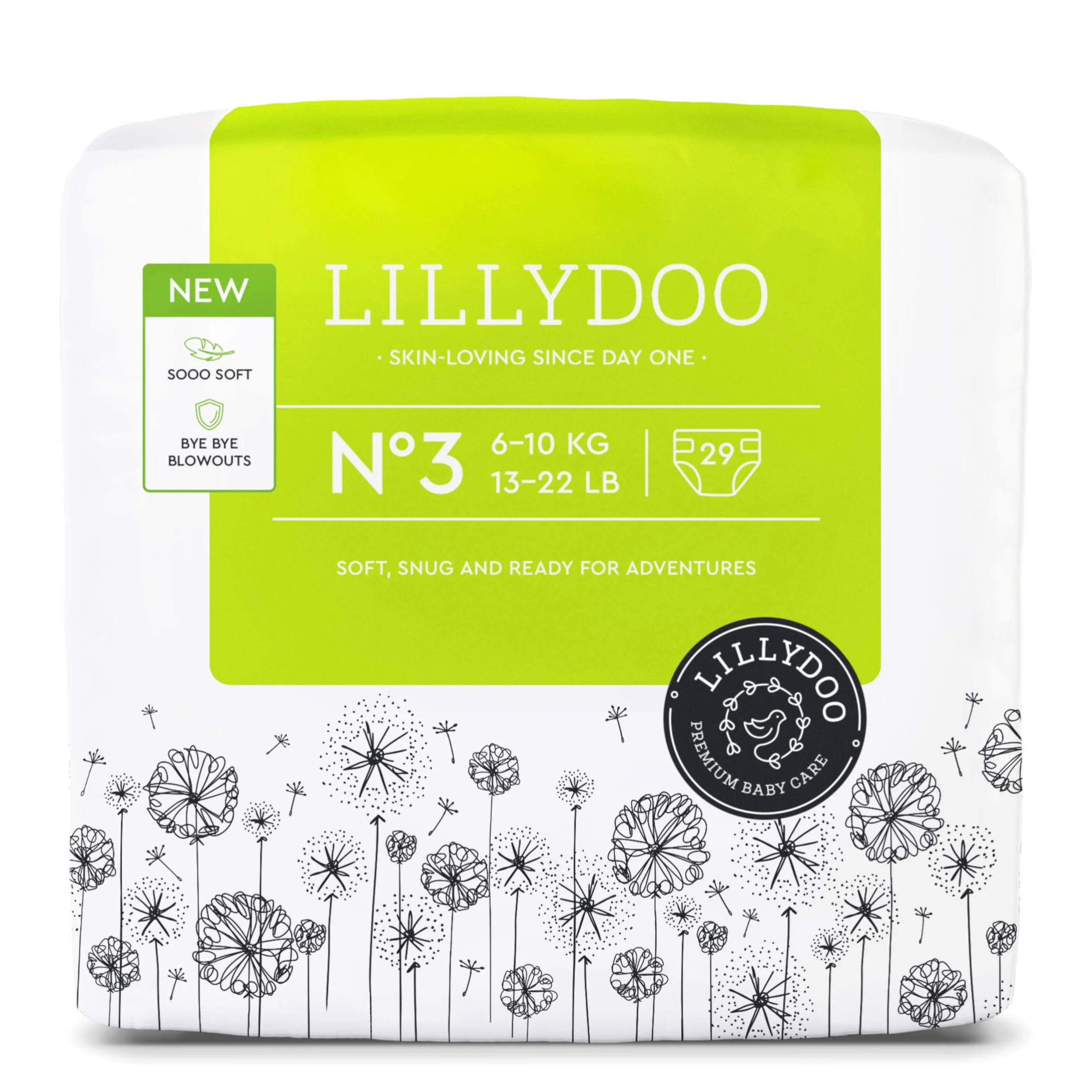 LILLYDOO Przyjazne dla skóry pieluchy dla niemowląt – rozmiar 3 (6-10 kg), 29 sztuk, bezpieczna ochrona przed wyciekiem, miękkie, bez perfum, bez balsamów i barwników do skóry wrażliwej, testowane