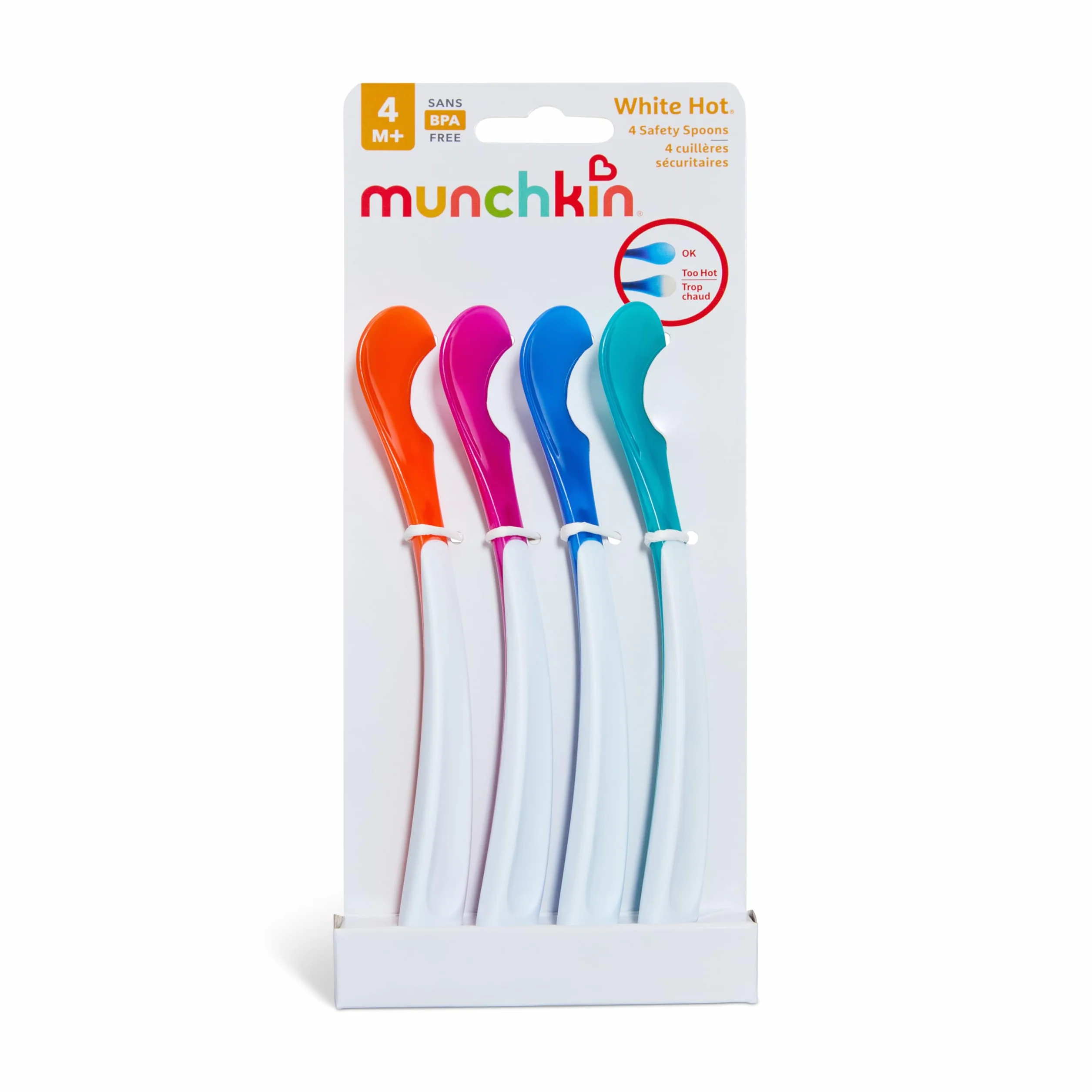 Munchkin Łyżeczki dla Dzieci White Hot, Zestaw Łyżek do Karmienia Niemowląt, Zmiana Koloru Ostrzega przed Ciepłem, Plastikowe Sztućce, Można Myć w Zmywarce, Łyżeczki Deserowe, bez BPA, 4 Sztuki