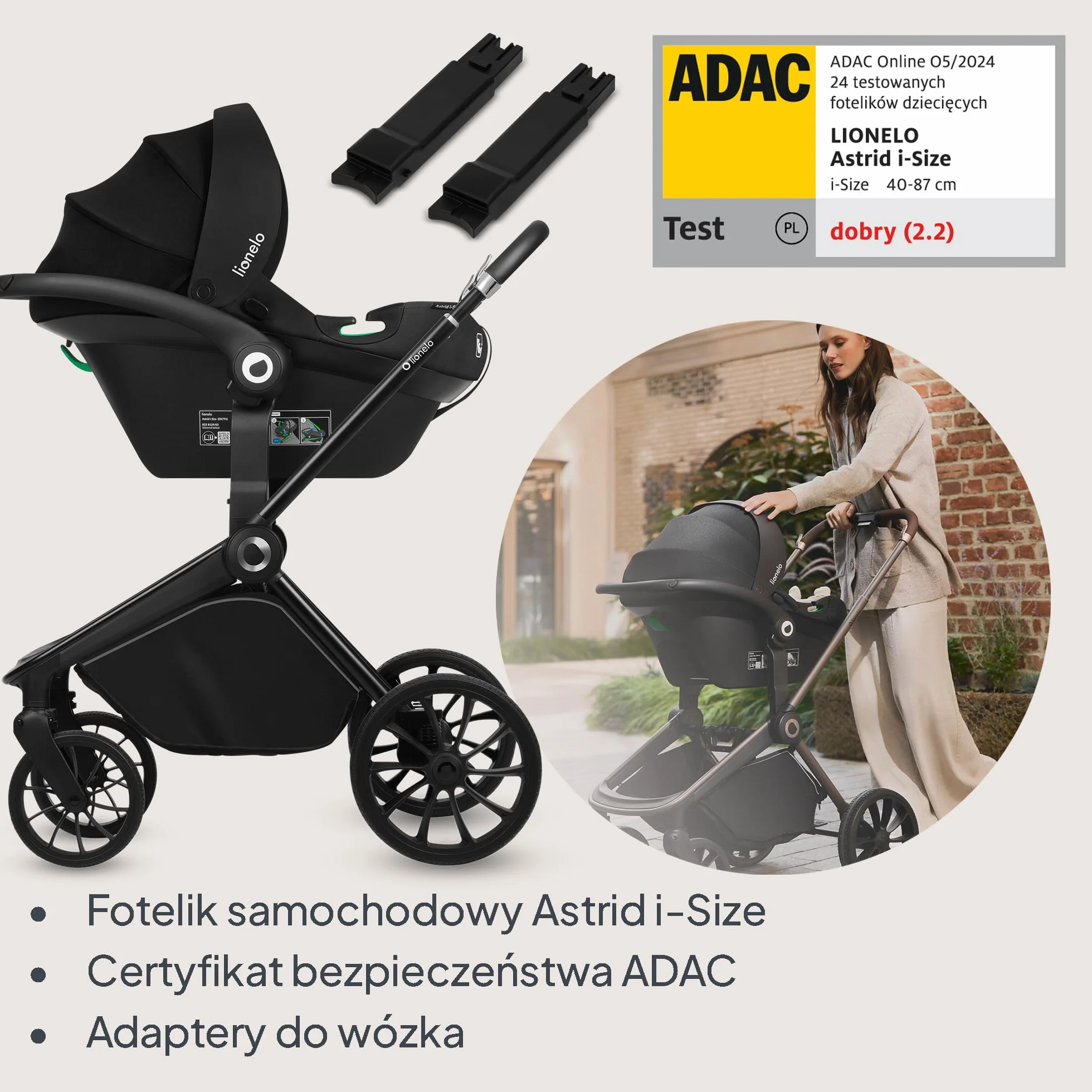 LIONELO MIKA PLUS 3 w 1 Wózek Spacerowy Dziecięcy 0-48 miesięcy do 22 kg Gondola do 9 kg Fotelik Samochodowy Nosidło do 13 kg, Regulacja Oparcia, Amortyzacja, Koła 360° Budka XXL (Czarny)