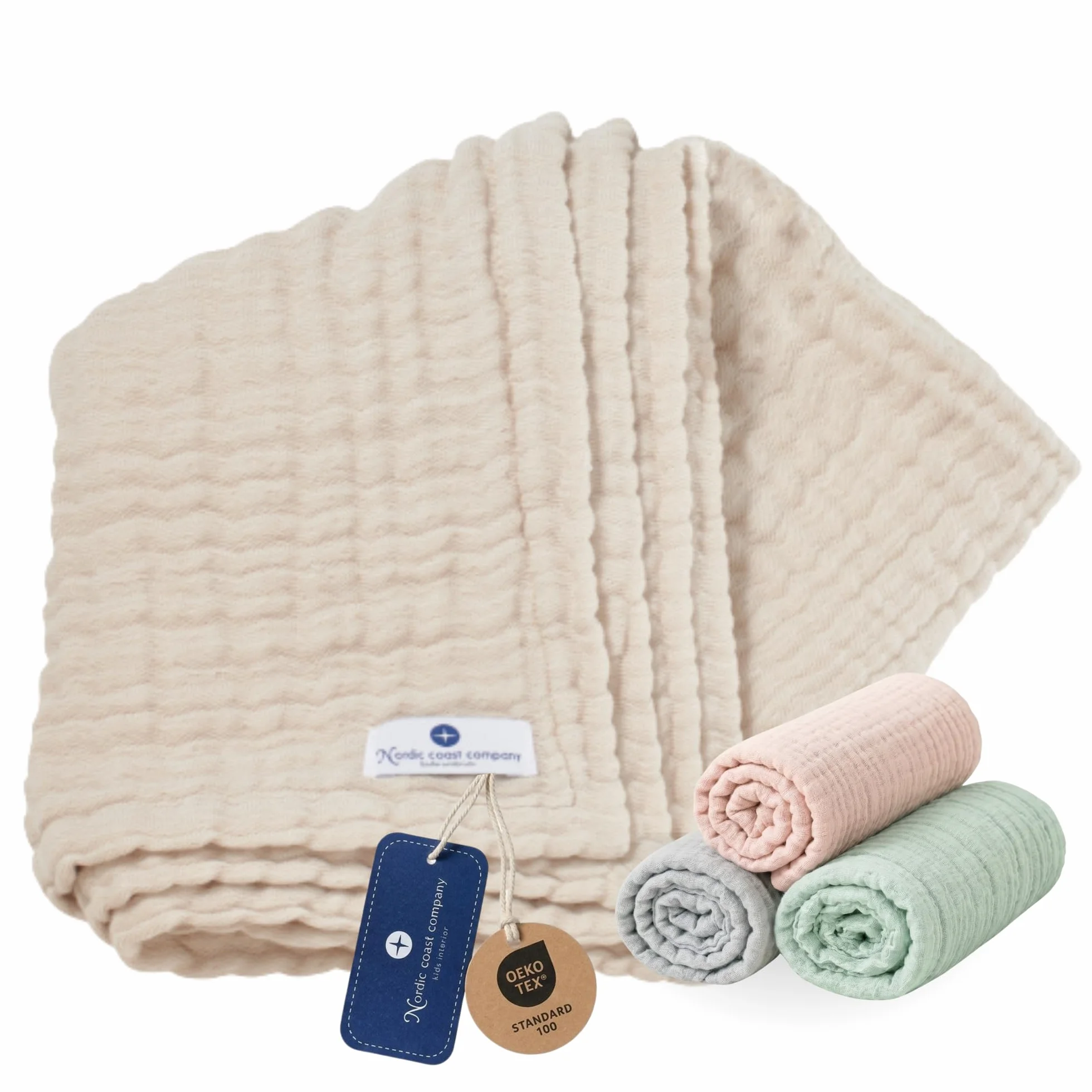 Nordic Coast® Musselin Decke Premium - 4 in 1 Baby Krabbeldecke in Natur Weiß - 100% Baumwolle - Mulltuch Babydecke Pucktuch Spucktuch - Hochwertige Qualität