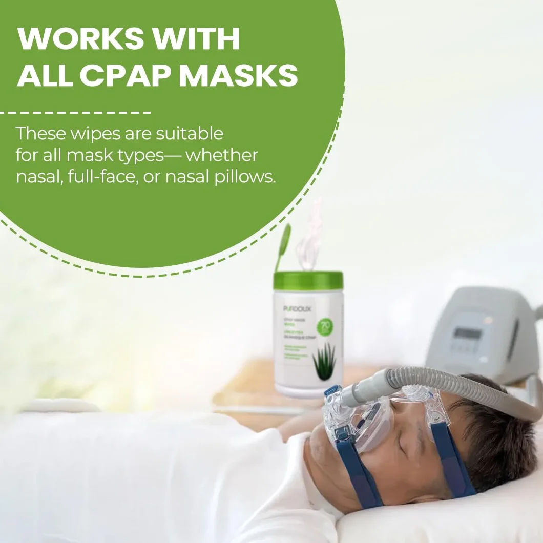 PÜRDOUX ™ CPAP maska chusteczki, aloes, kanister 70 chusteczek nawilżanych