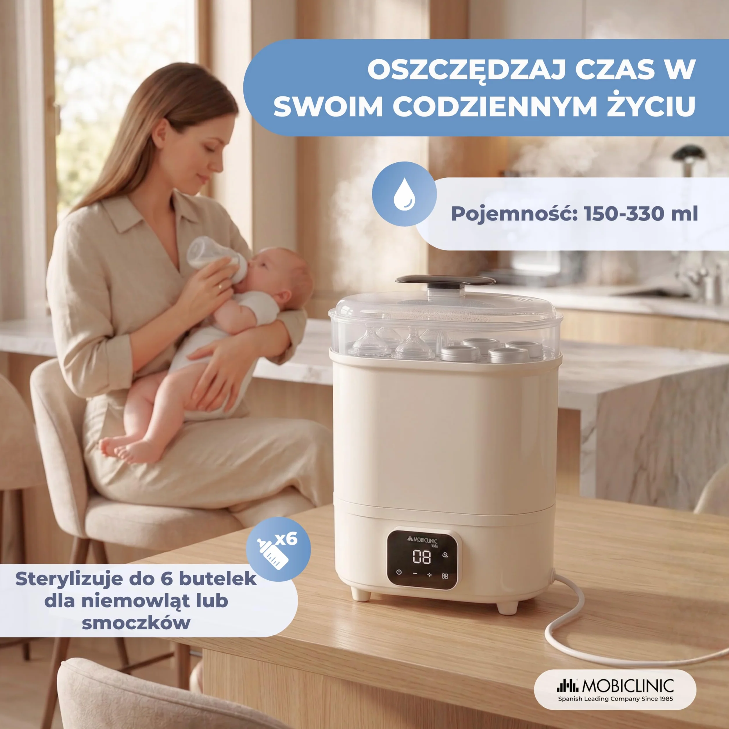 Mobiclinic®, Sterylizator do Butelek, 4 w 1, Tot 6 Flessen, Suszy, Utrzymuje Temperaturę, Tryb Automatyczny, Smoczków i Laktatorów, Ekran LCD, Kompaktowy, Mobibi