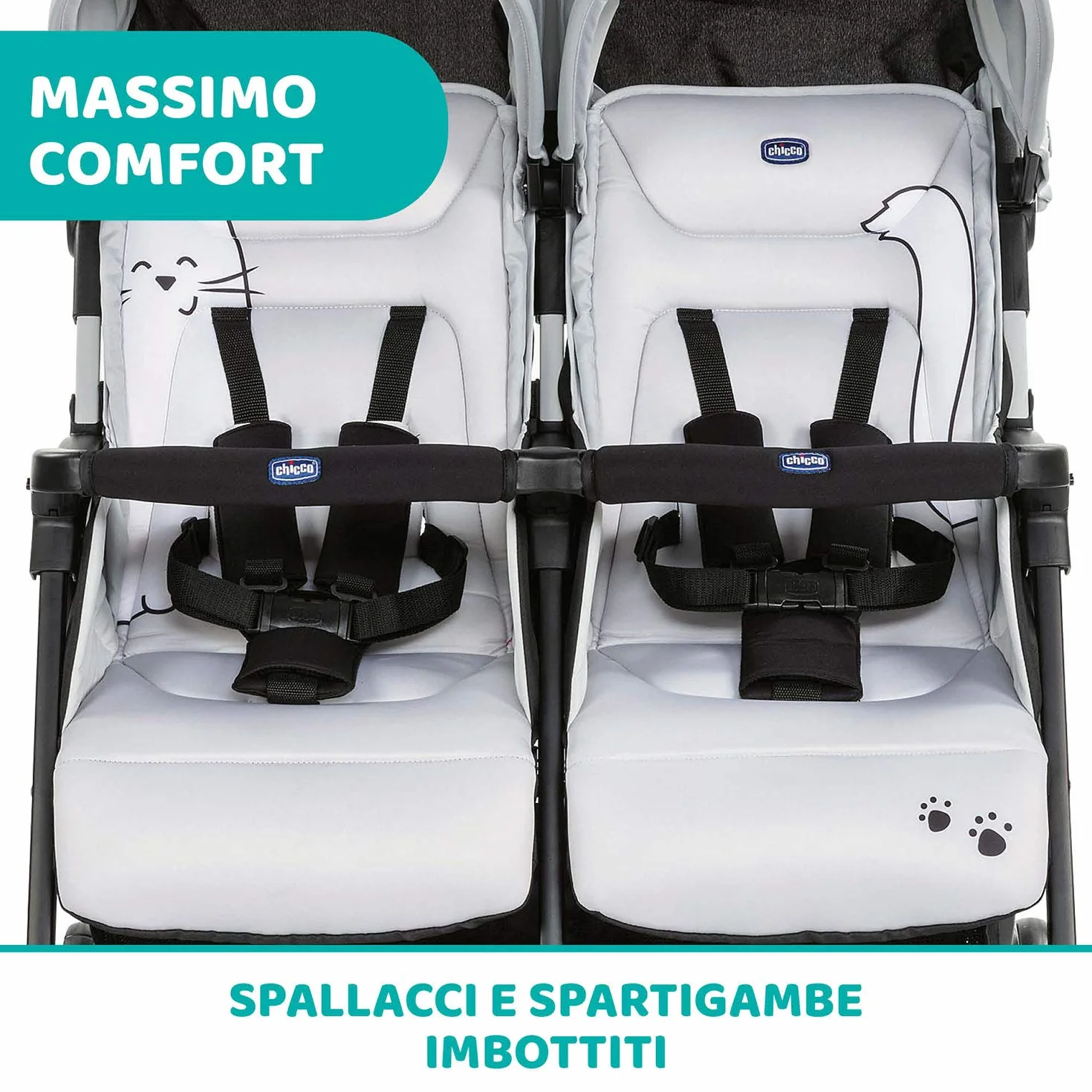 Chicco OHlalà Twin Podwójny Wózek Spacerowy od Urodzenia do 15 kg dla Bliźniaków i Rodzeństwa, Lekki Rozkładany i Składany Wózek, Kompaktowy po Złożeniu, Okrycie Przeciwdeszczowe i Powiększana Budka