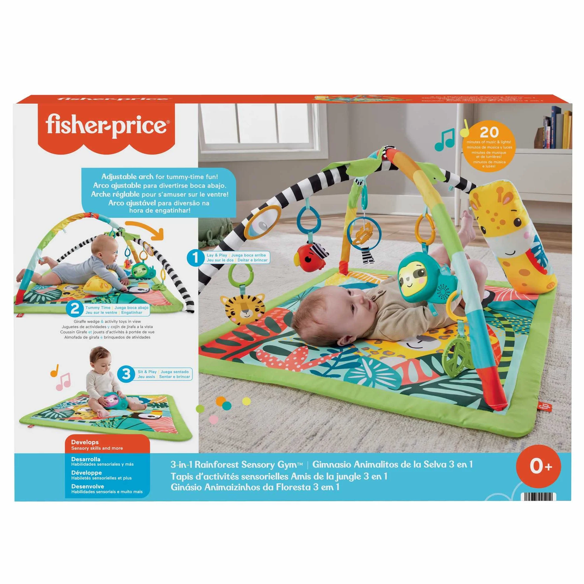 Fisher-Price Mata edukacyjna 3 w 1 Las tropikalny Mata do zabawy na brzuszku z 5 zabawkami sensorycznymi, światełkami, dźwiękami i łukiem do dostosowania, od noworodka po starsze dziecko, HJW08