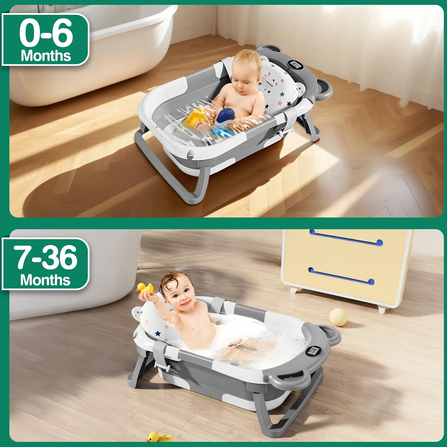Baby wanna, składana wanna dla niemowląt z nie poślizgową poduszką do kąpieli, ergonomiczna kąpiel dla niemowląt ze zintegrowanym termometrem dla noworodków od 0-36 miesięcy (szary)