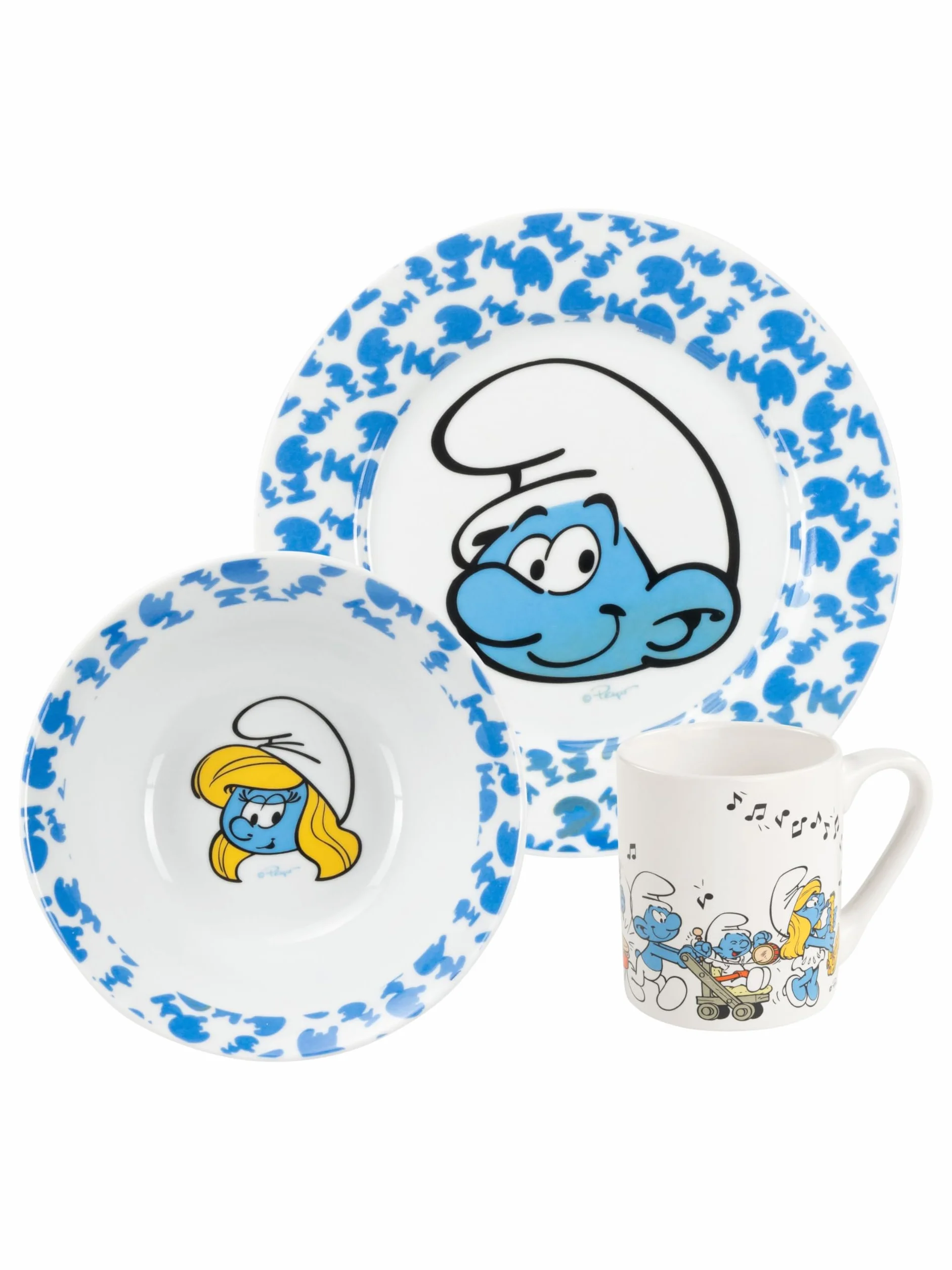 Zestaw śniadaniowy dla dzieci Smerfy - zestaw naczyń 3-częściowy porcelanowy talerz, miska i kubek niebieski