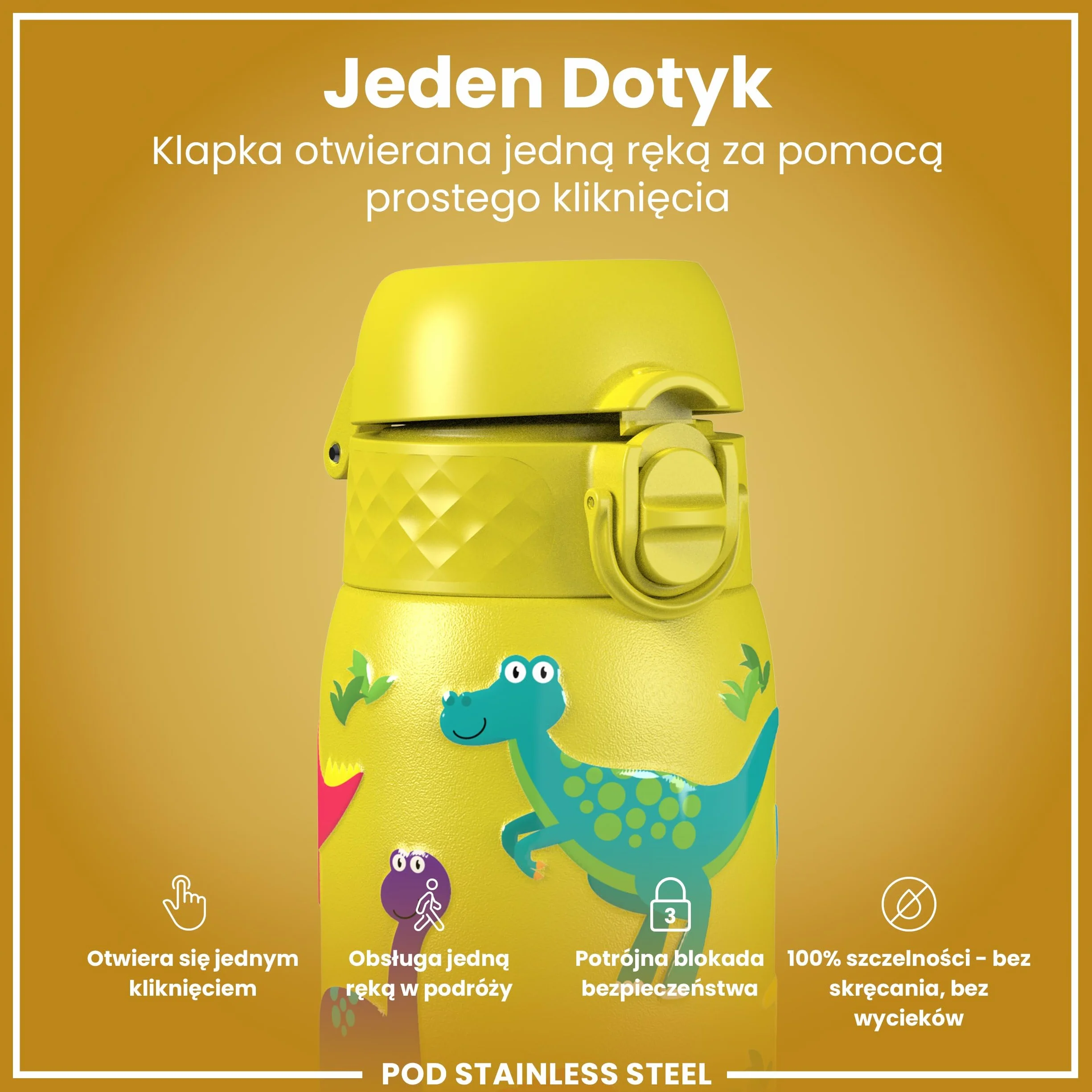 ION8 Butelka na Wodę dla Dzieci ze Lekki Stali, 400 ml/13 oz, Nieocieplany, Szczelna, Łatwa do Otwarcia, Bezpieczny Zamek, Można Myć w Zmywarce, Składany Uchwyt, Łatwa w Czyszczeniu, Dinozaury