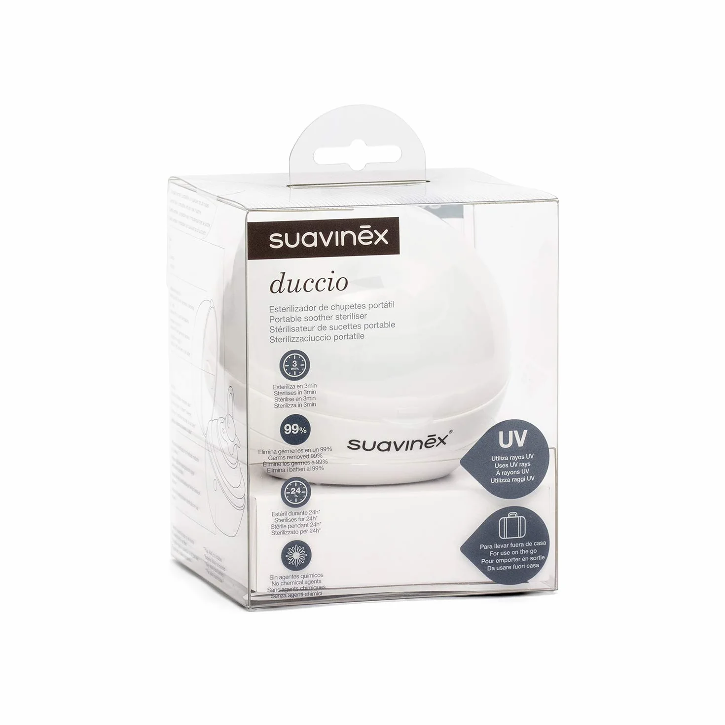 Suavinex, Sterylizator smoczków Nomad UV (UV). Sterylizuje w 3 minuty. Działa z kablem USB lub bateriami. Usuwa 99% zarazków. Perła