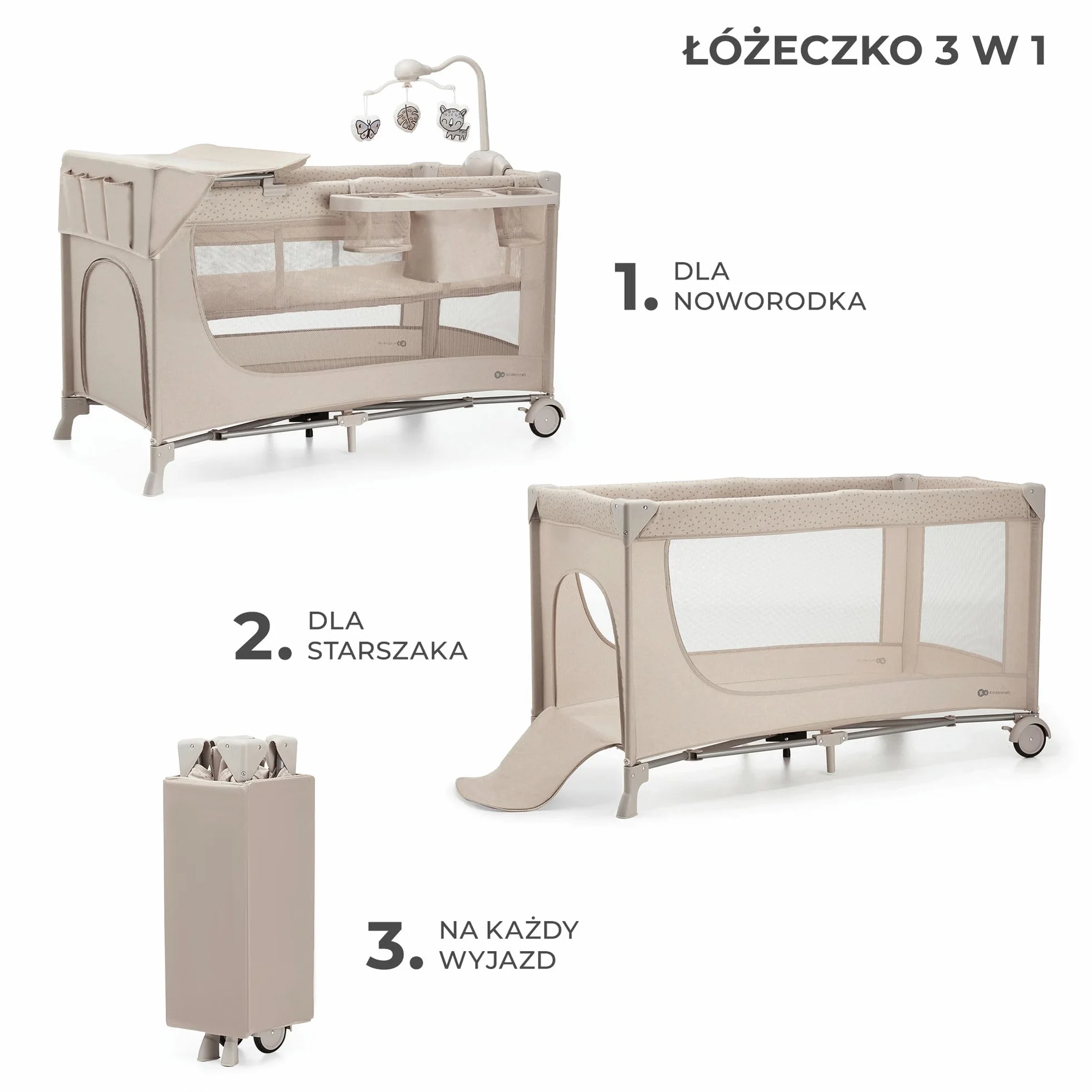 Kinderkraft JOY ACC 2 Łóżeczko turystyczne 3 w 1, Boczne wejście, Szybkie składanie i rozkładanie, Zabezpieczenie przed złożeniem, Kółka i torba ułatwiające transport, Pałąk z zabawkami, Beżowy