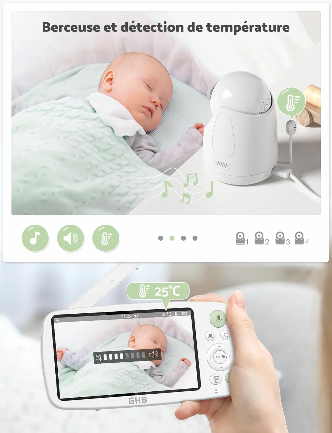 GHB Babyfoon met Camera 5 inch HD 1080P 4000 mAh-accu 24/7 VOX-modus 4x Zoom Tweerichtingsgesprek Nachtzicht Bereik 300 meter