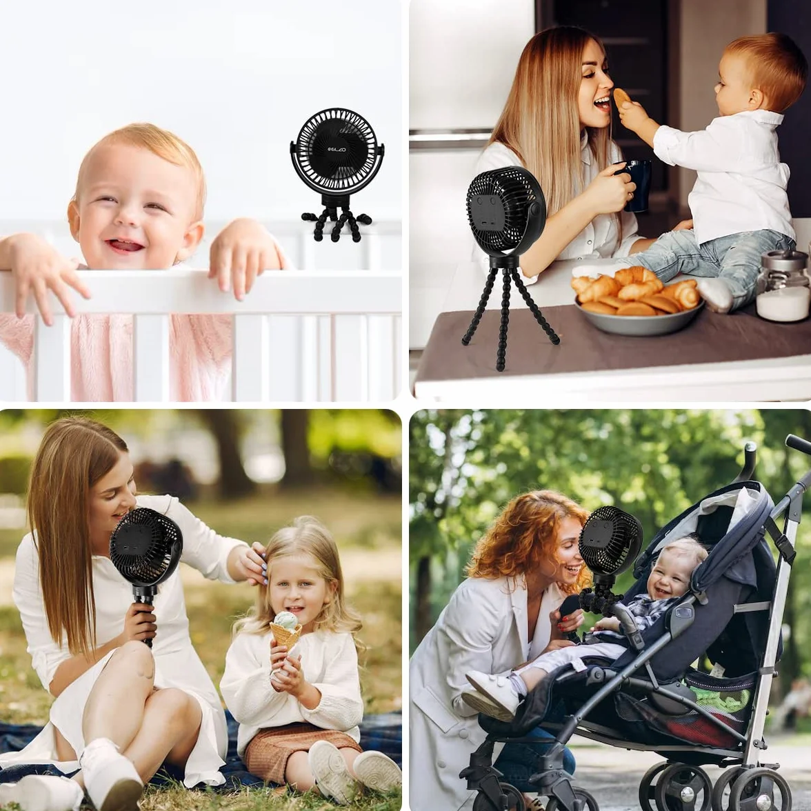 ELZO Wentylator wózka 12000 mAh, cichy, przenośny wentylator z 3 prędkościami, wentylator obrotowy o 360°, wentylator ładowany przez USB, do wózka, biura, fotelika samochodowego, namiotu