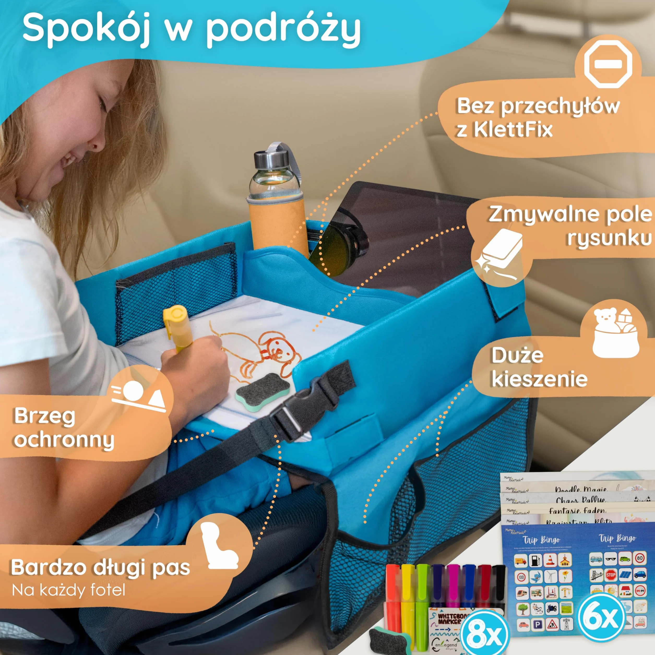 Mamas Reise Hacks Stół podróżny do samochodu dla dzieci – [ze stoperem na tablet i grą samochodową] na tylne siedzenie i jazdę samochodem – stolik dziecięcy, stolik do zabawy, taca na kolana