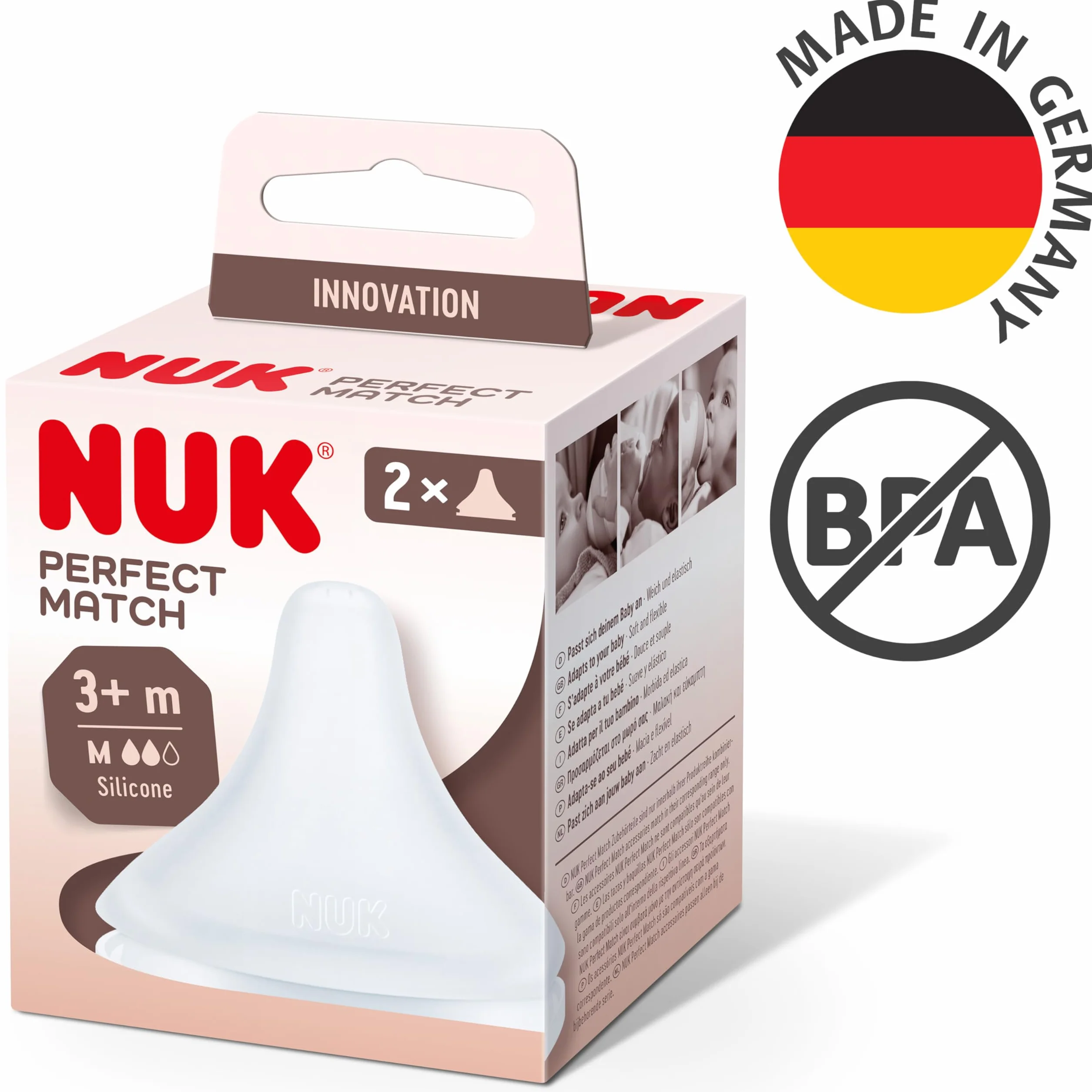 NUK Perfect Match smoczek do butelek dla niemowląt, 3+ miesięcy, pasuje do podniebienia dziecka, antykolkowy odpowietrznik, bez BPA, silikonowy smoczek M do butelek dla niemowląt, 2 szt