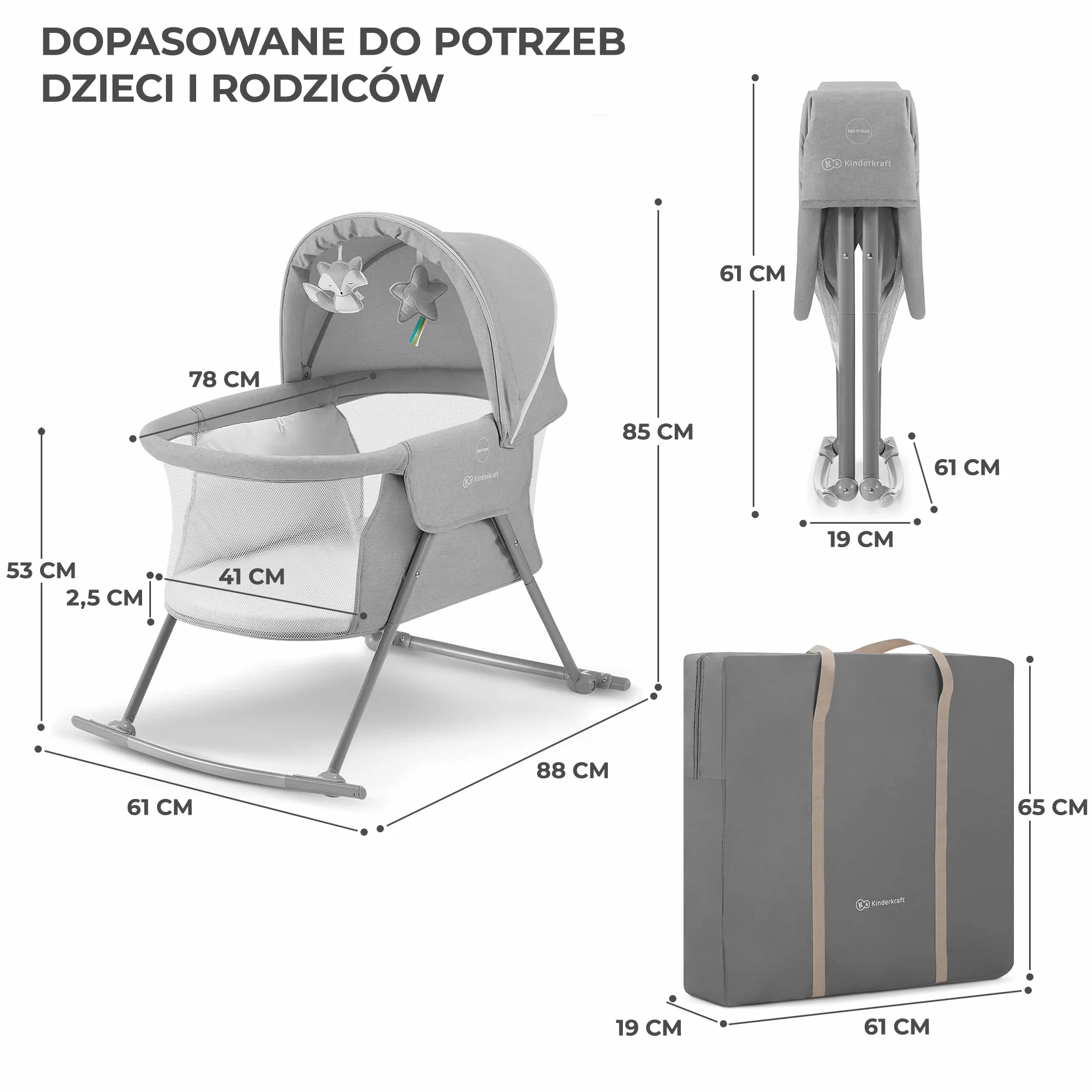 Kinderkraft Łóżeczko dziecięce 3w1 LOVI, Łóżko turystyczne, Kołyska, Proste składanie, Pałąc z zestawem zabawek i moskitera w zestawie, Regulowana budka, Torba ułatwiająca transport, do 9 kg, Szary