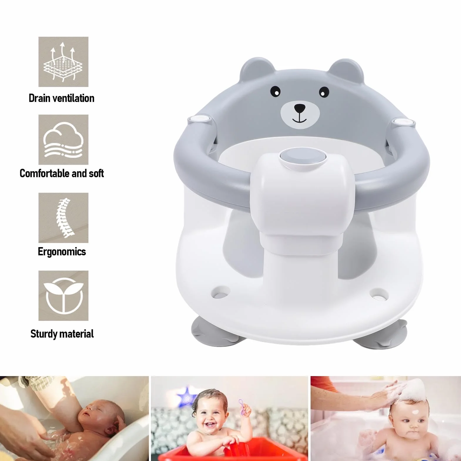 Fotelik do Kąpieli dla Niemowląt Krzesełko do Kąpieli dla Niemowląt Antypoślizgowy Fotelik do Kąpieli dla Malucha Sit Up Fotelik do Kąpieli Noworodek Krzesełko do Kąpieli (GRAY)