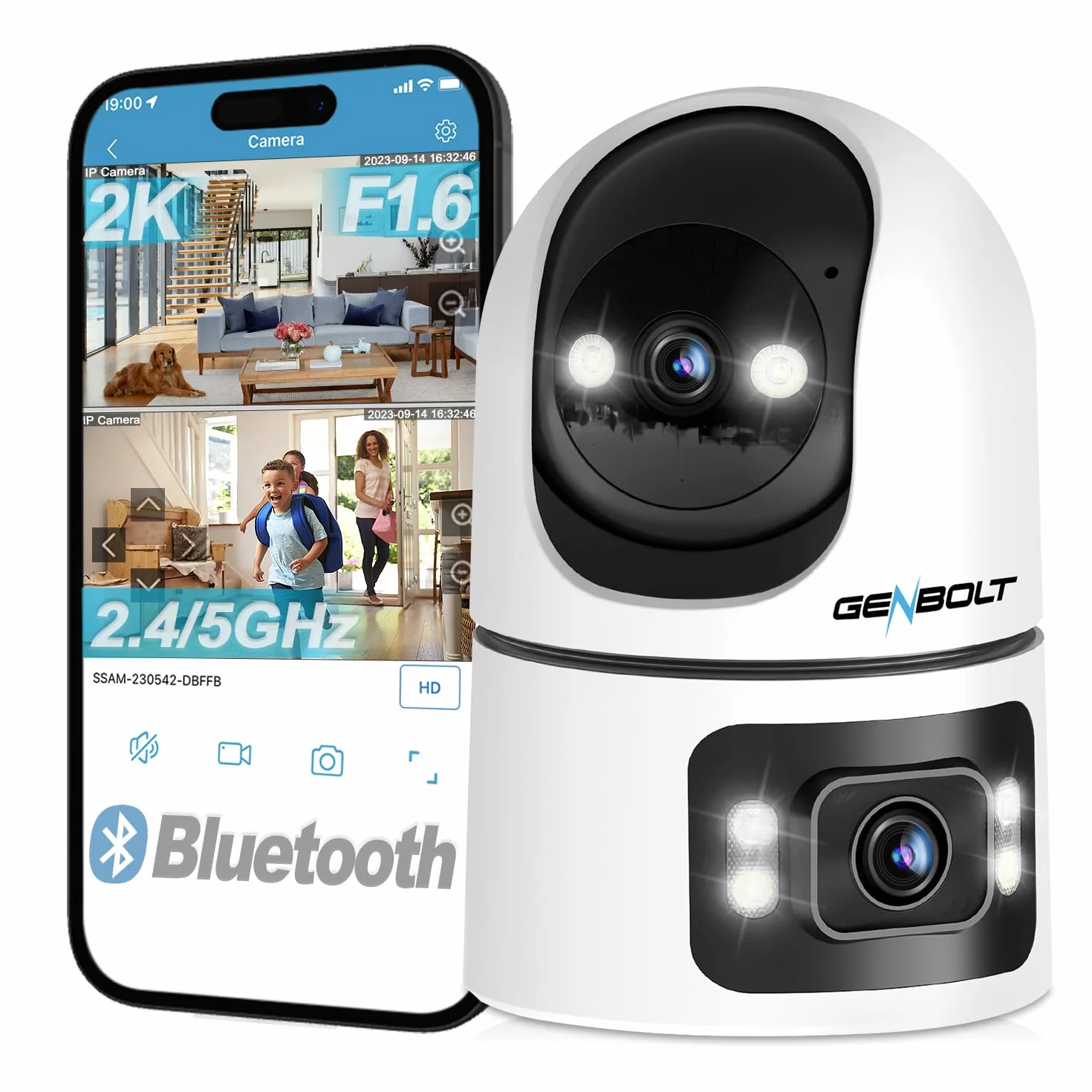 GENBOLT Kamera Bezpieczeństwa Wi -Fi Wewnętrzna, 360° Podwójny Obiektyw Domowy Kamera IP CCTV z Wykrywaniem Humanoidalnym, Auto Cruise Niania Pet Cam, 2.4&5GHz Dual WiFi Monitor Dziecka