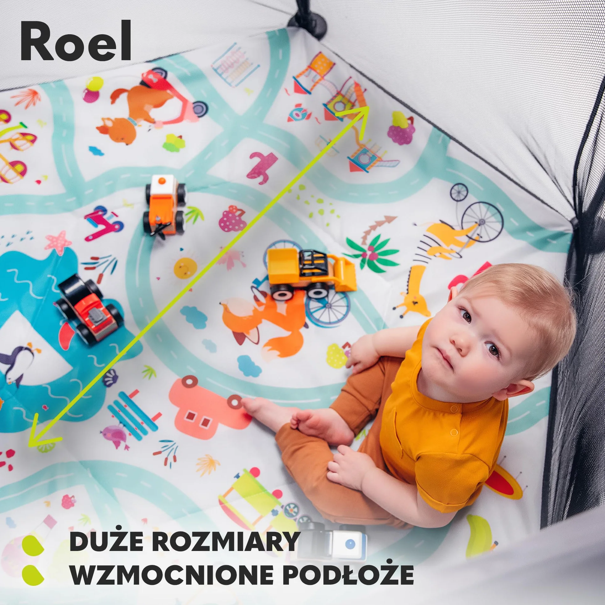 LIONELO Roel kojec dla dzieci do 15 kg, duży format 118 x 118 x 83 cm, sześciokątny kształt, LockGuard, zapięcie składane, wzmocniona podstawa, antypoślizgowe stopki, torba ochronna