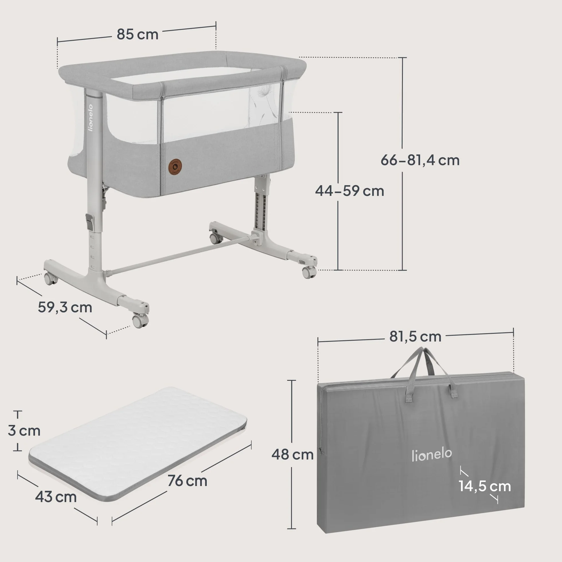 LIONELO Aurora 3 w 1 Łóżeczko Dziecięce do 9 kg, Łóżko Dostawne, Kołyska, Regulacja Wysokości oraz Kąta Nachylenia Materaca, 4 Kółka z Hamulcem Ergonomiczny Materac Torba