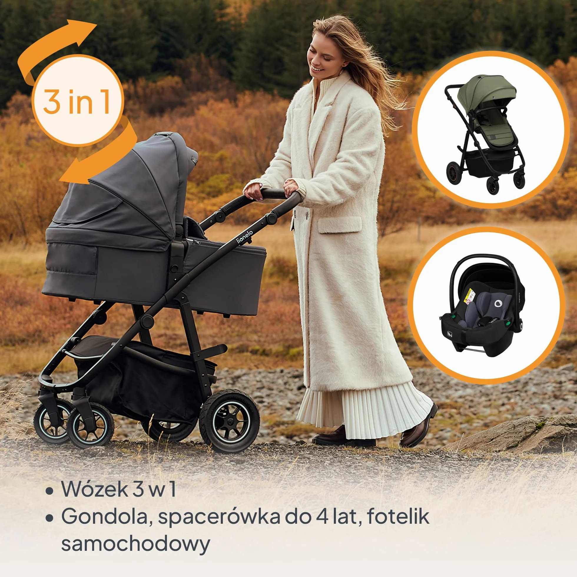 LIONELO AMBER PLUS 3 w 1 Wielofunkcyjny Wózek Dziecięcy od 0 do 4 lat do 22kg z Gondolą XL, Fotelik Samochodowy do 13 kg, Regulacja Oparcia, Duże Terenowe Koła 360o Budka XXL