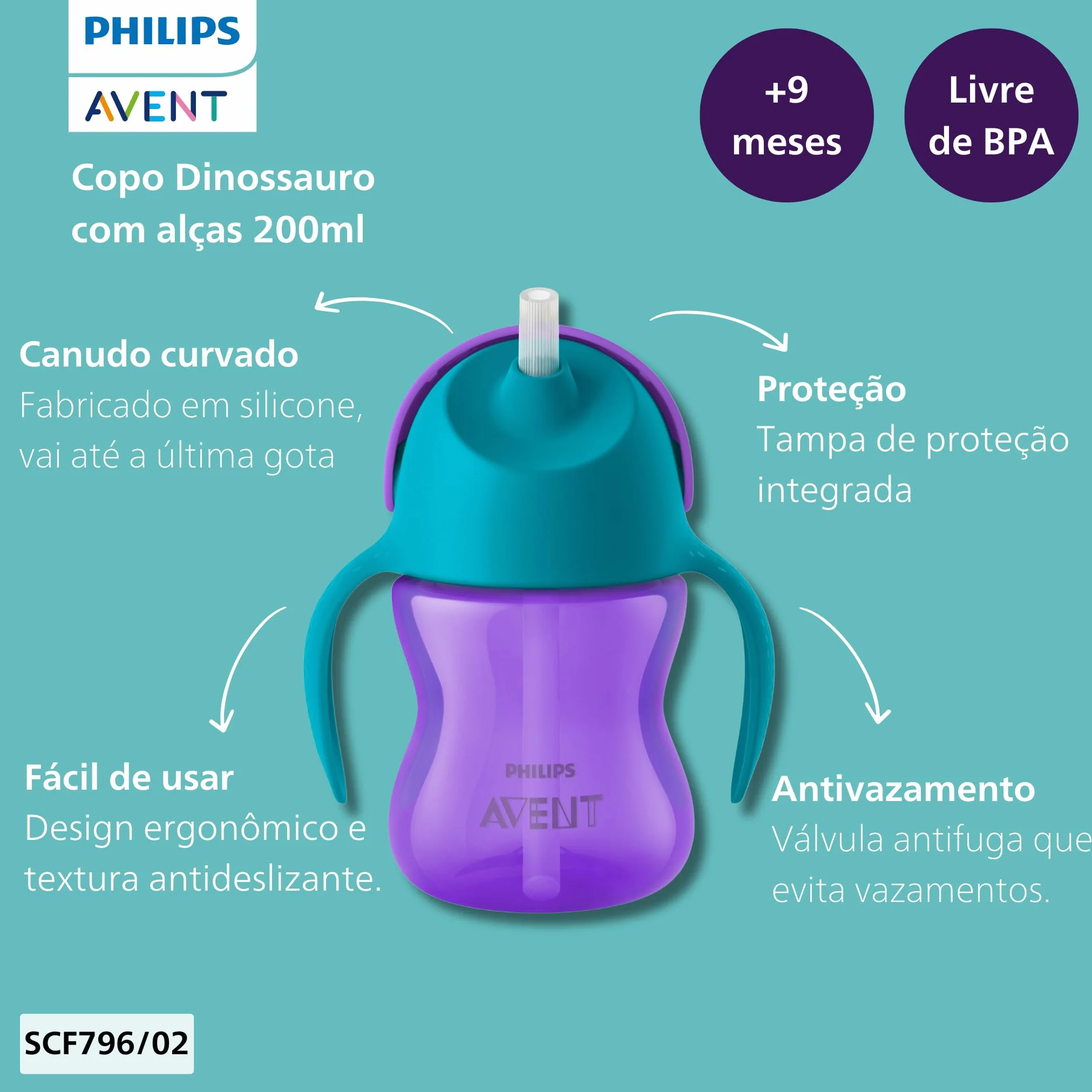 Philips Avent Sippy Cup dla niemowląt i małych dzieci, wolny od BPA, 200 ml, fioletowy/niebieski (model SCF796/02)