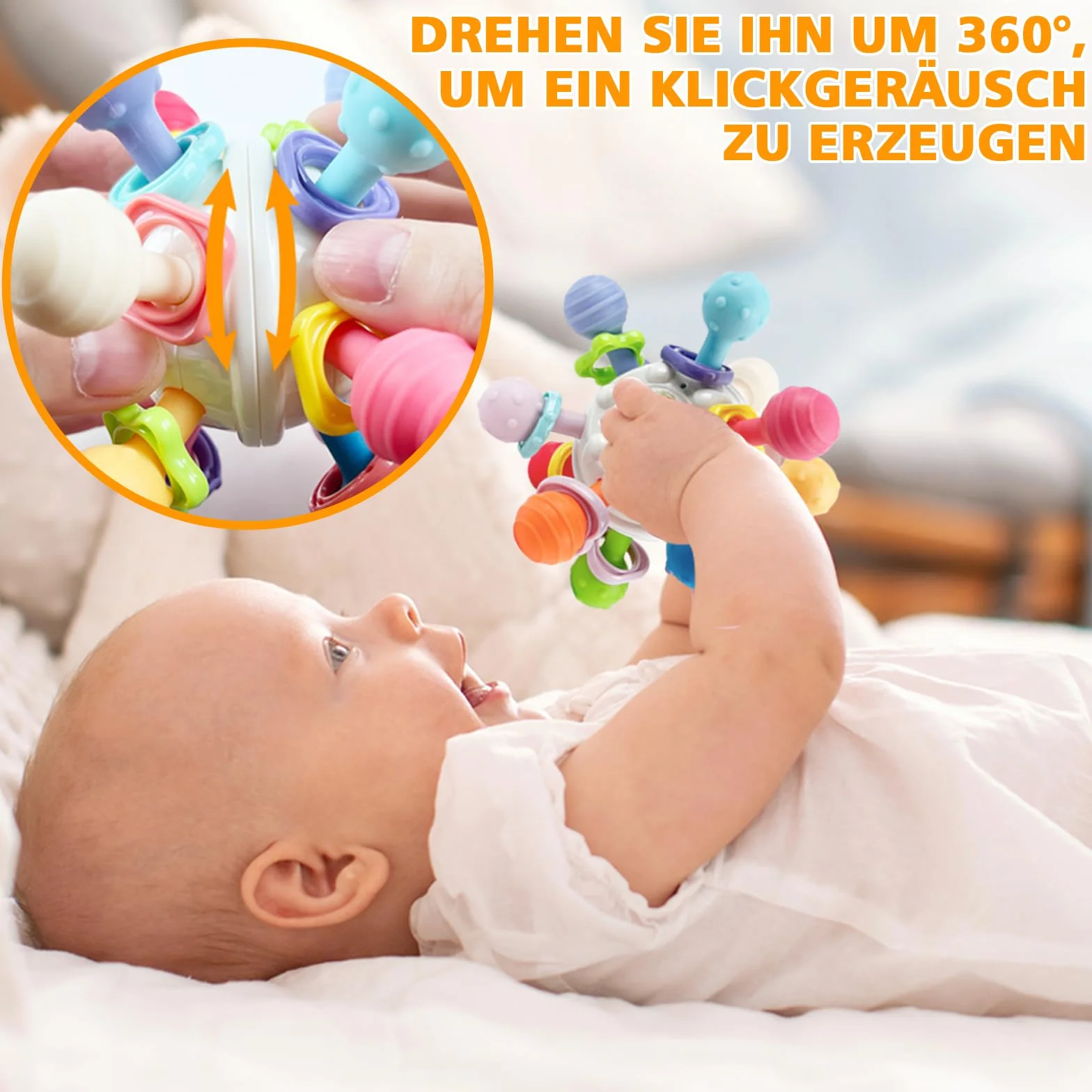 Montessori zabawka do gryzienia dla dzieci od 3 miesięcy, sensoryczna grzechotka z silikonu, zabawka motoryczna dla dzieci od 0, 6, 9 miesięcy, 1 rok