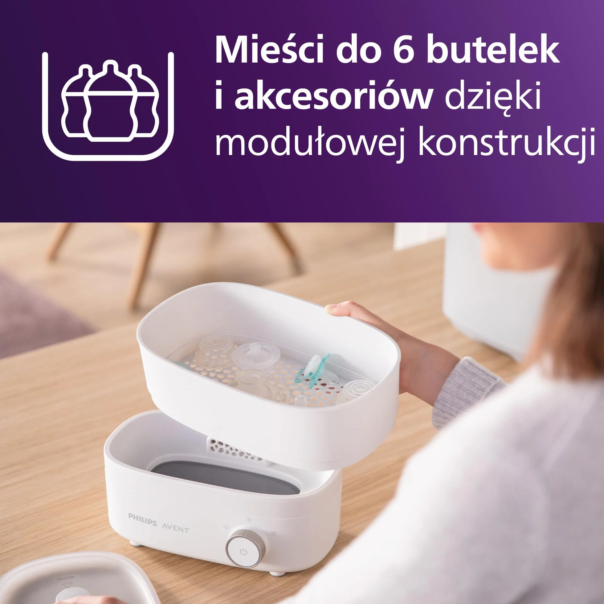 Philips Avent Elektryczny sterylizator parowy do butelek ze zintegrowaną suszarką na maks. 6 dziecięcych butelek, biały. Model SCF293/00