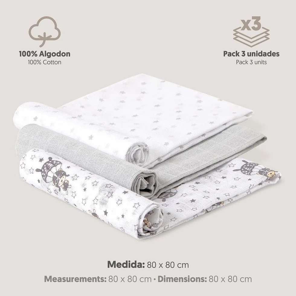 Interbaby Muślin Bawełna dla niemowląt 80 x 80 cm | Zestaw 3 gaz dla noworodków, karmienia piersią, ręcznik, koc | Muśliny dla niemowląt Wygodne, miękkie, oddychające | Szary wzór spadochroniarza