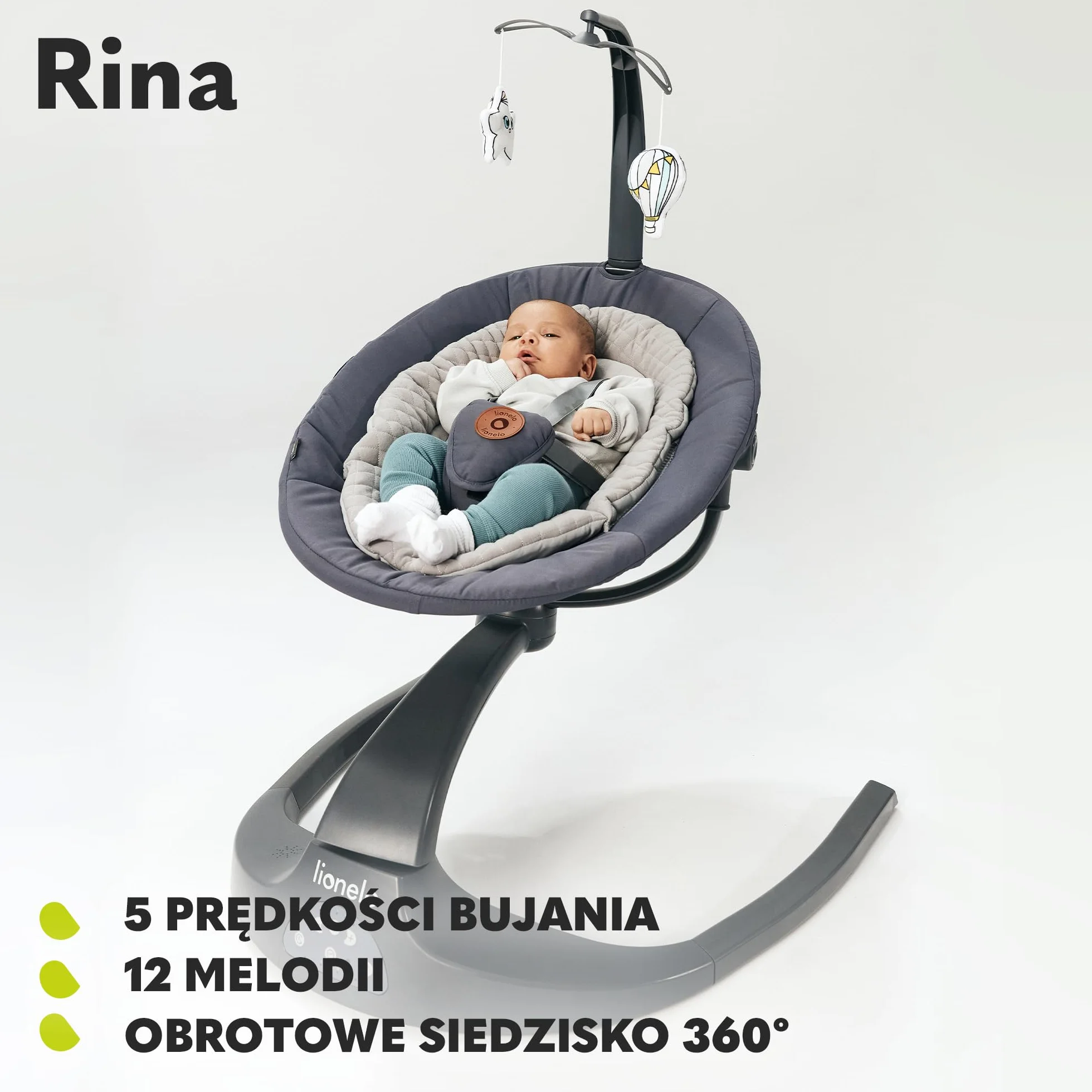 LIONELO Rina bujaczek i leżak 2w1, pilot, obrotowe siedzisko 360°, dwa kierunki bujania, 5 prędkości bujania, blokada, regulacja oparcia, timer, 12 melodii