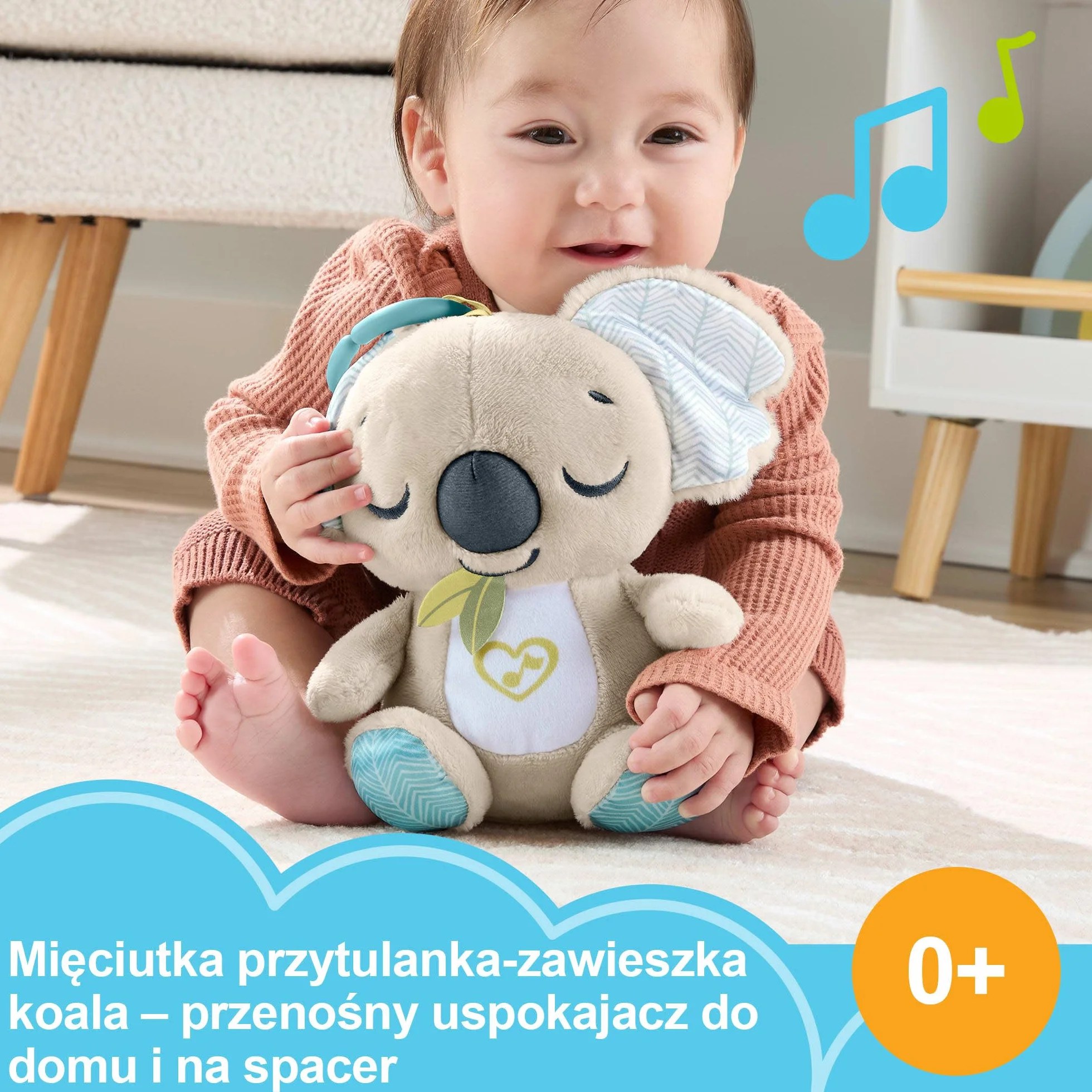 Fisher-Price Koala Muzyczny przenośny uspokajacz Zawieszka do wózka, pluszowy przenośny uspokajacz przytulanka z aktywacjami dźwiękowymi, zabawka sensoryczna dla niemowląt od narodzin, JBD65