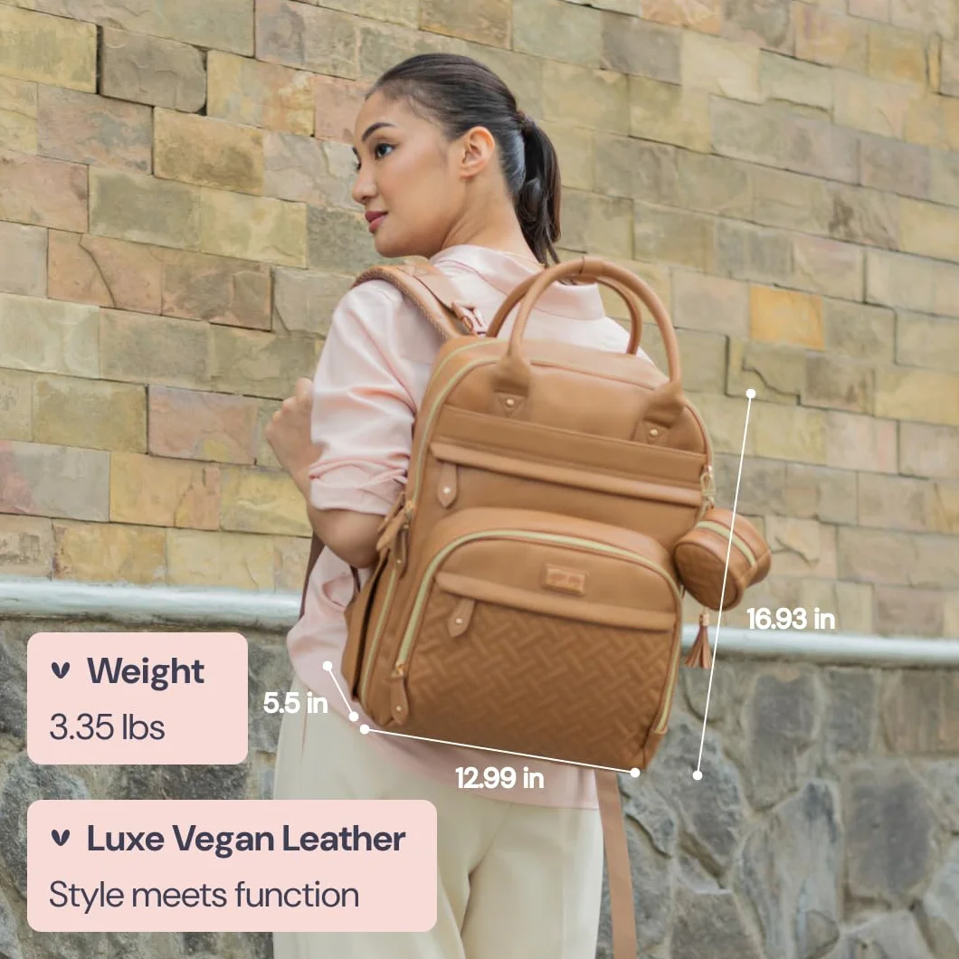 BabbleRoo Leather Diaper Bag Backpack - Baby Essentials Travel Baby Bag, Multi function, Waterproof, with Changing Pad, Stroller Straps & Pacifier Case – Unisex, Light Brown