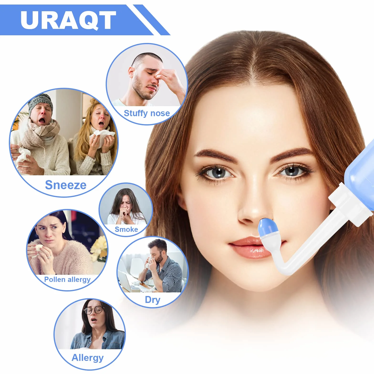 URAQT Neti Pot, zestaw do płukania nosa Płyn do płukania nosa, butelka do płukania zatok 300 ml z 20 saszetkami soli do płukania nosa i 10 naklejkami na termometrze, ciśnieniowa płukanka do płukania nosa dla niemowląt i dzieci Nie zawiera BPA