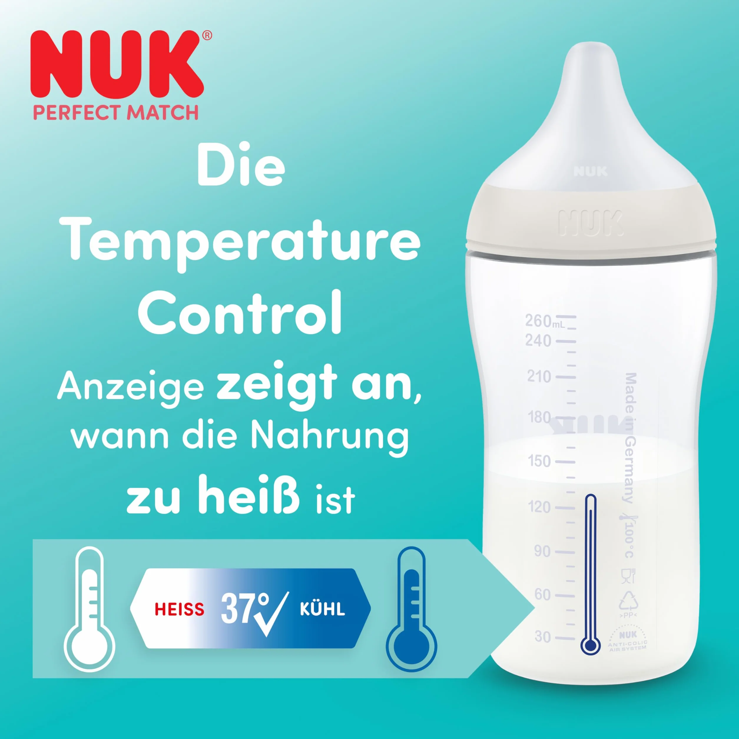 NUK Perfect Match Butelka dla niemowląt | 0+ miesięcy | 150 ml | Butelka przeciwkolkowa | PP | Wskaźnik kontroli temperatury | Małpka | 1 sztuka