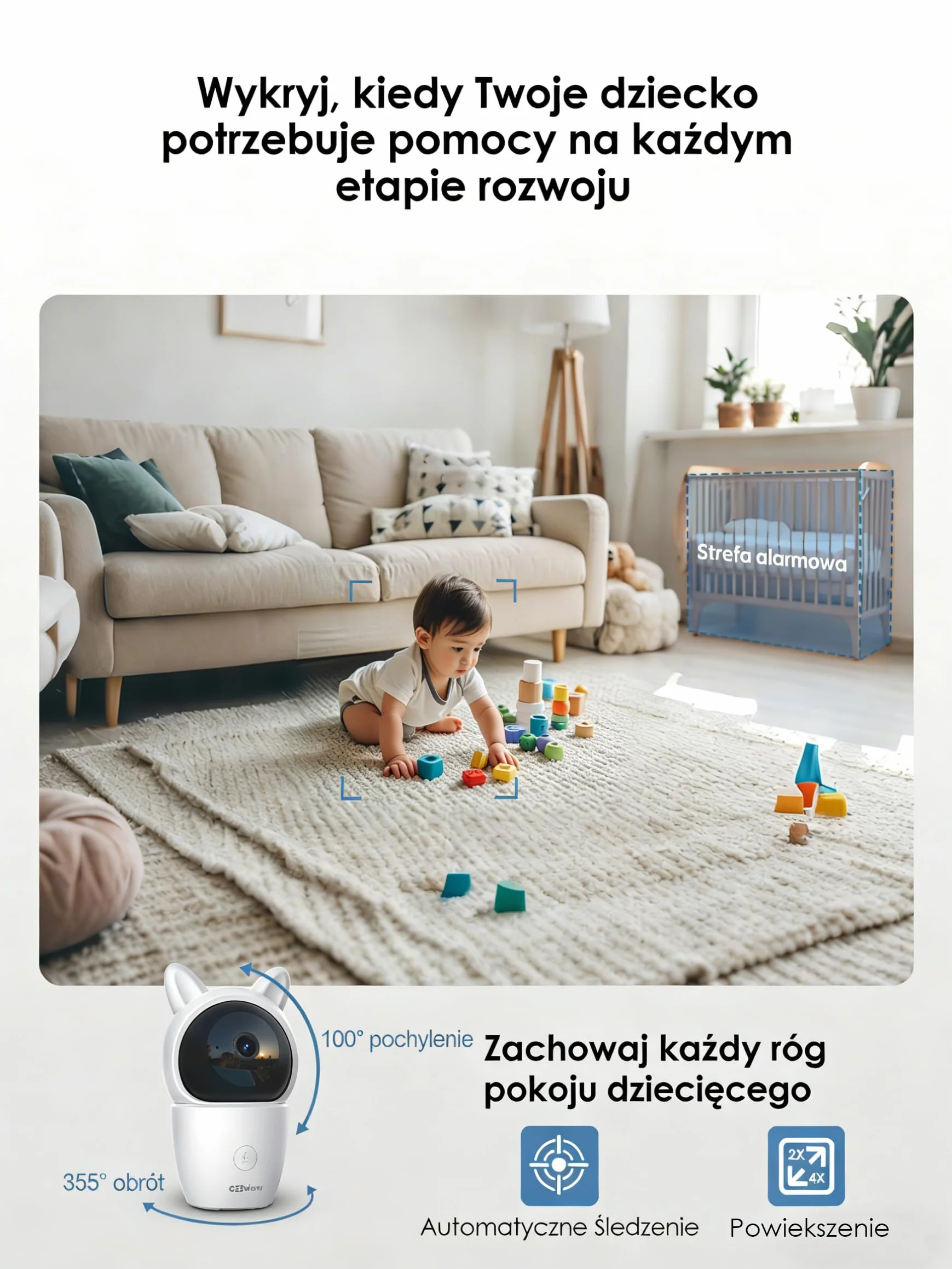 CZEview Elektroniczna niania 5,0" z kamerą i aplikacją, Kamera Inteligentna dla Niemowląt z 2K, Wi-Fi, Noktowizor, Noktowizor IR, Automatyczne Śledzenie, Wykrywanie Ruchu/Dźwięku