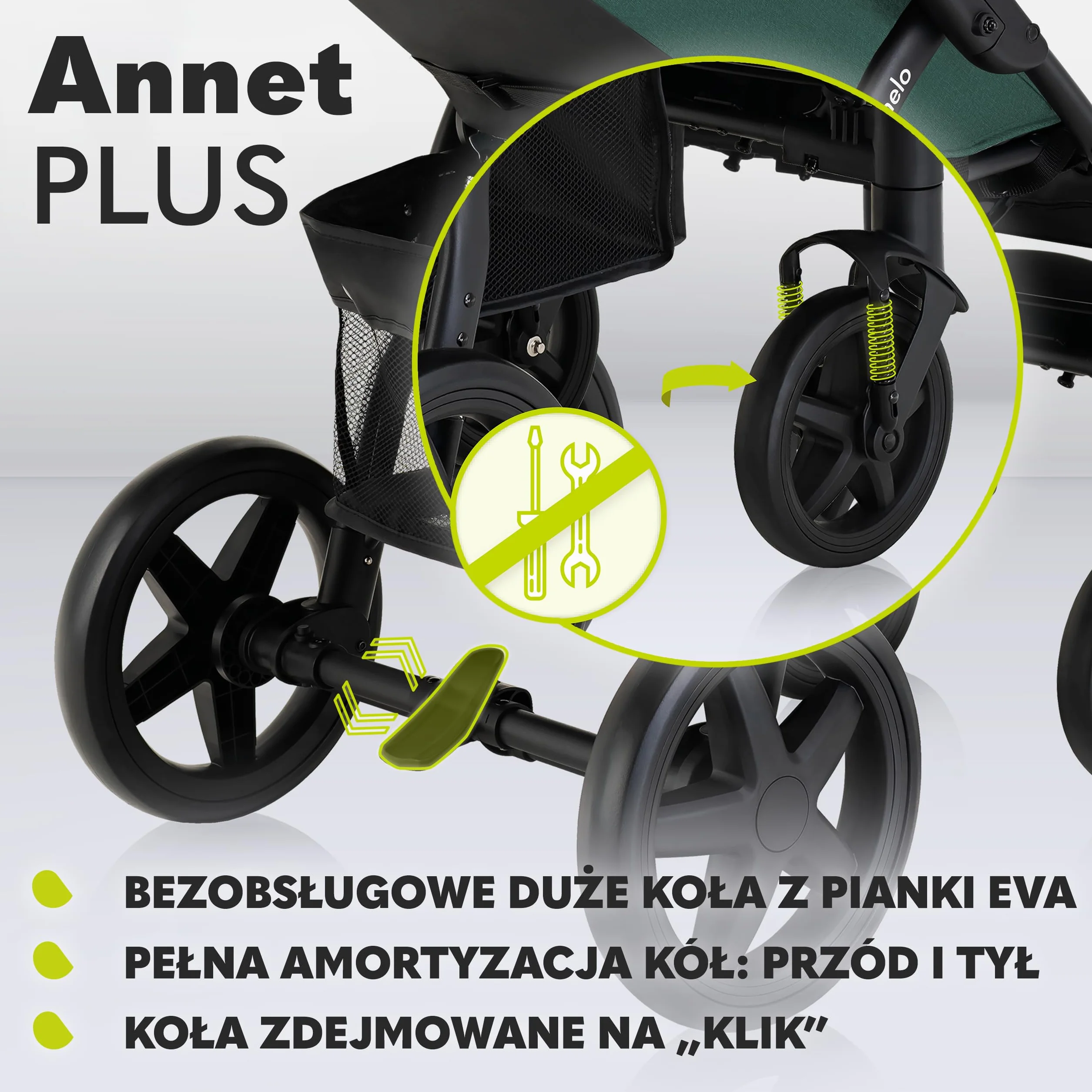 LIONELO Annet Plus wózek spacerowy do 22 kg, regulacja oparcia do pozycji leżącej, łatwe składanie, koła EVA, 5-punktowe pasy, daszek XXL, ocieplacz moskitiera (zielony)