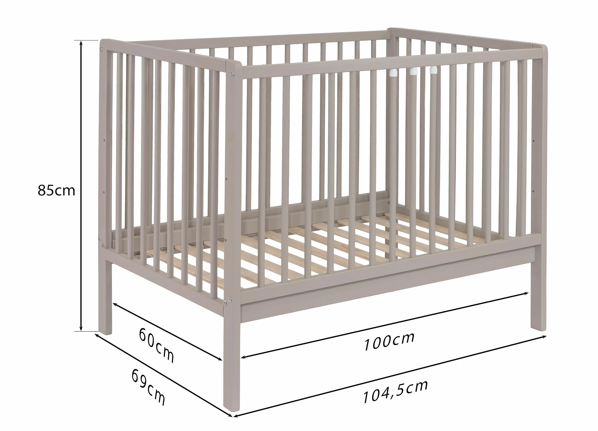 Łóżeczko dziecięce JULIA 100x60 cm z materacem – drewno bukowe – 3 poziomy regulacji – wyjmowane szczebelki – EN 716 (Taupe)