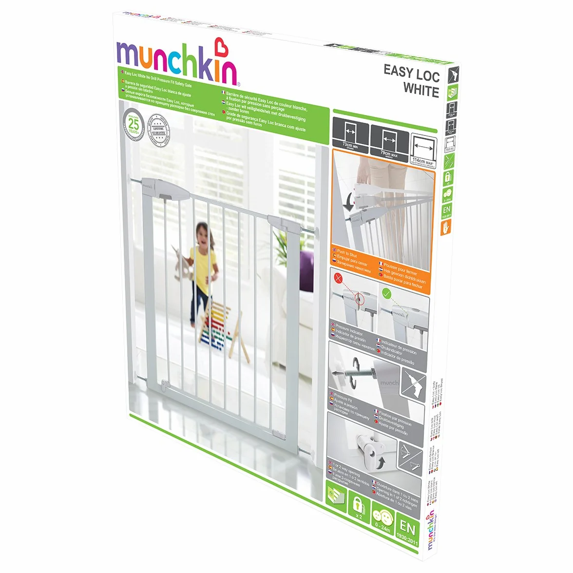 Munchkin Brama Schodowa Easy Loc, Bramka dla Dziecka, Mocowanie Rozporowe Pressure Fit, Zabezpieczająca, dla Dzieci i Zwierząt, na Schody i Drzwi, Łatwy Montaż, bez Śrub, 73-79 cm, Biała