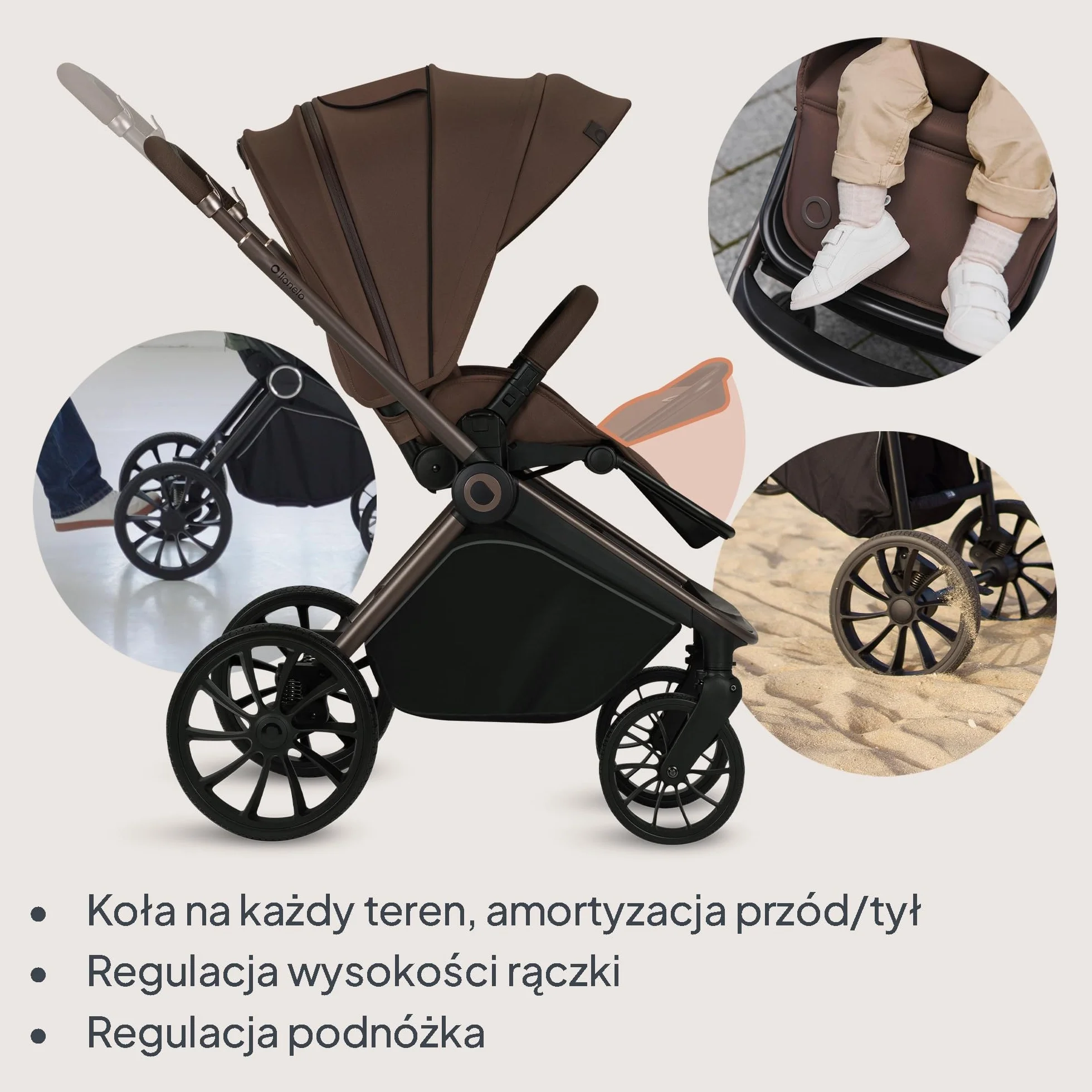 LIONELO Mika Plus 2 w 1 zestaw wózków dziecięcych: gondolka podróżna i wózek terenowy z zawieszeniem, osłona przeciwsłoneczna XXL UPF50+ wodoodporna, regulowane oparcie i podnóżek, kompaktowy