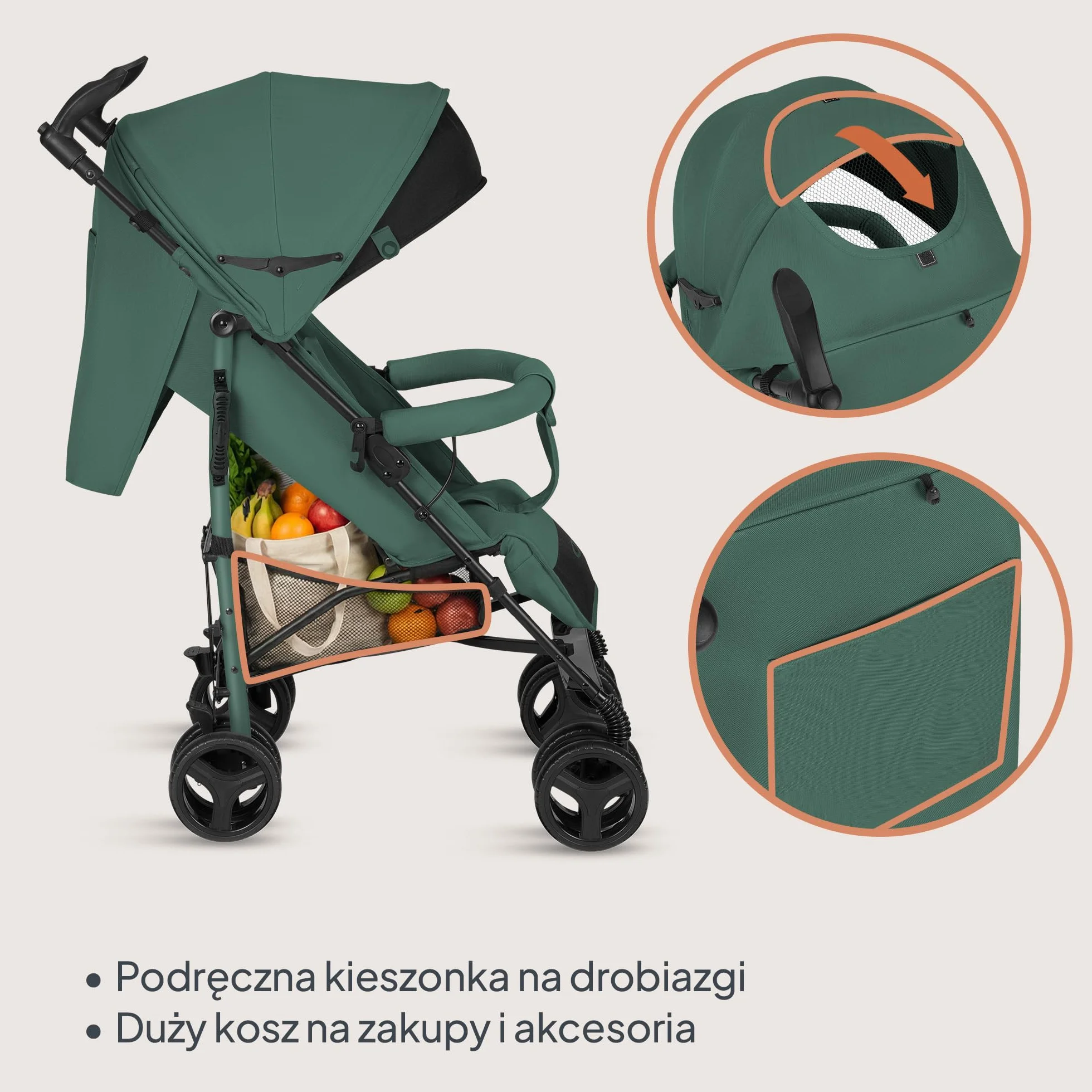 Lionelo Irma Wózek dziecięcy od 6 miesięcy, lekki 7 kg, pozycja leżąca, składany, z systemem składania jedną ręką, koła EVA 6" z amortyzacją i hamulcem, moskitiera, do 15 kg