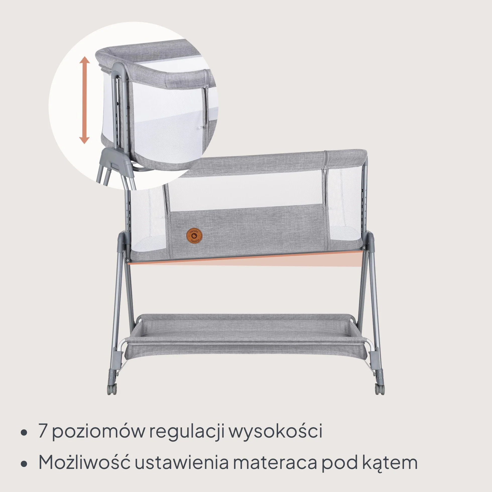 LIONELO Luna przenośne łóżeczko dostawne z materacykiem, co-sleeping, od noworodka do 9 kg. Regulowana wysokość i pochył, 4 kółka z blokadą, mocowanie do łóżka rodziców, przewiewne