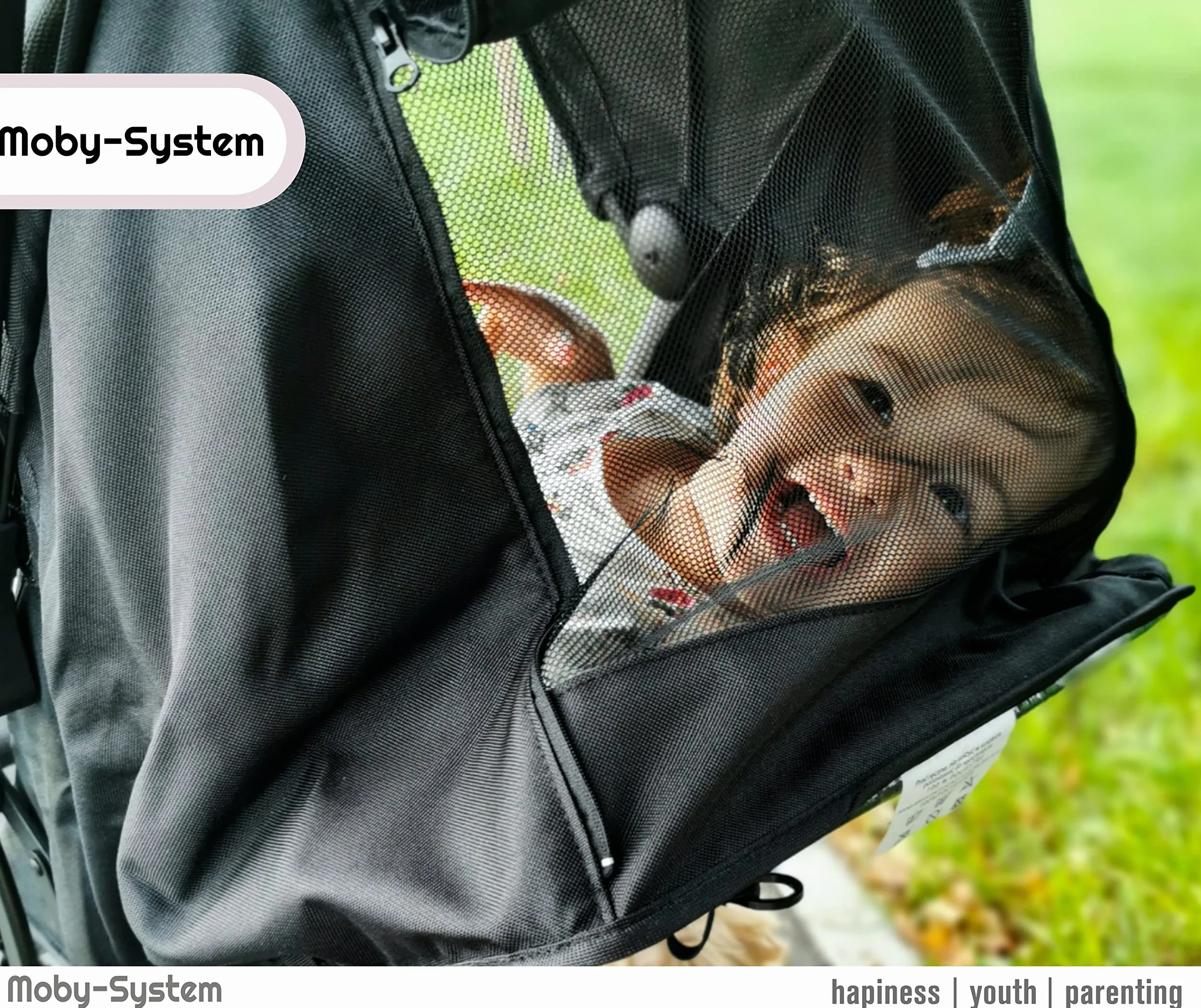 Moby-System Wózek Dziecięcy Składany, Kompaktowa Spacerówka dla Dzieci do 15 kg, 6-36 Miesięcy, Wózek do Samolotu, Duży Kosz na Zakupy, Pokrowiec i Folia Przeciwdeszczowa w Zestawie, Czarny