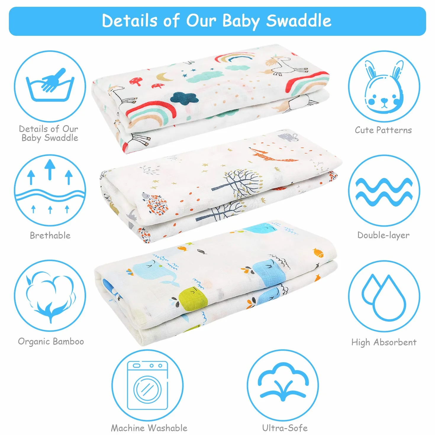 Swaddles Pucksack Baby 0-3 miesięcy, rozmiar 120 x 120 cm, miękki bambus, bawełna, muślin, kocyk dla niemowląt, koc, koc, chusta do przewijania, prezent pod prysznic dla noworodków