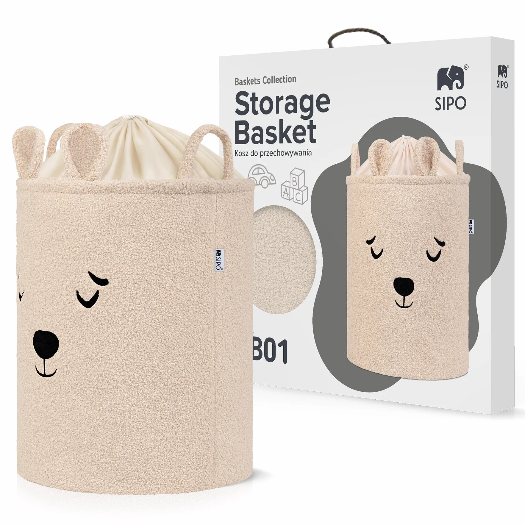 SIPO Organizer Do Przechowywania Zabawek XL Pojemny Kosz na Zabawki Motyw Zwierzęcy Beżowy Miś Dla Dzieci Do Pokoju Dziecięcego Premium Boucle Pluszowy Zamykany Ściągaczem 43L