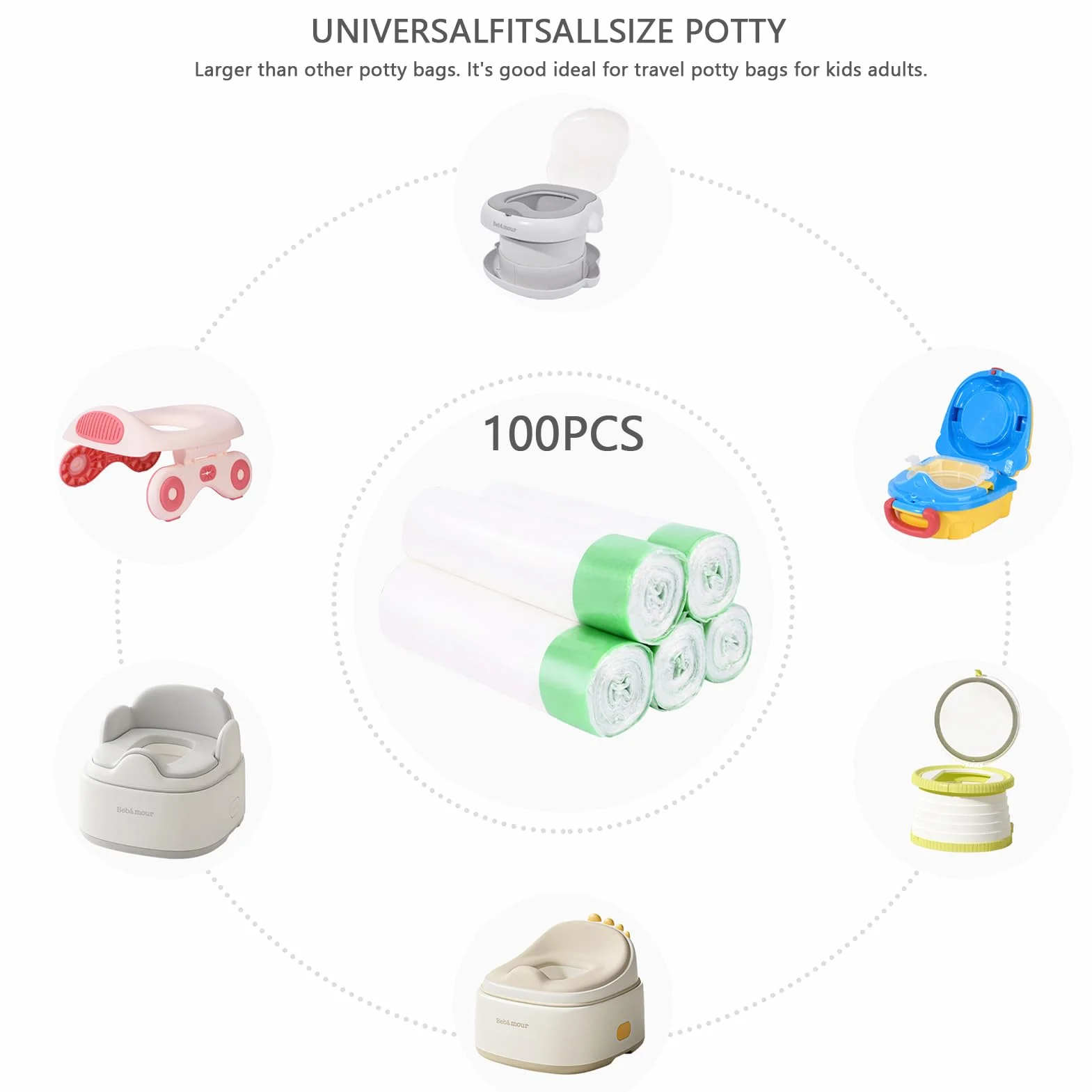 Bebamour Przenośne worki toaletowe, 100 sztuk, uniwersalne, ze sznurkiem