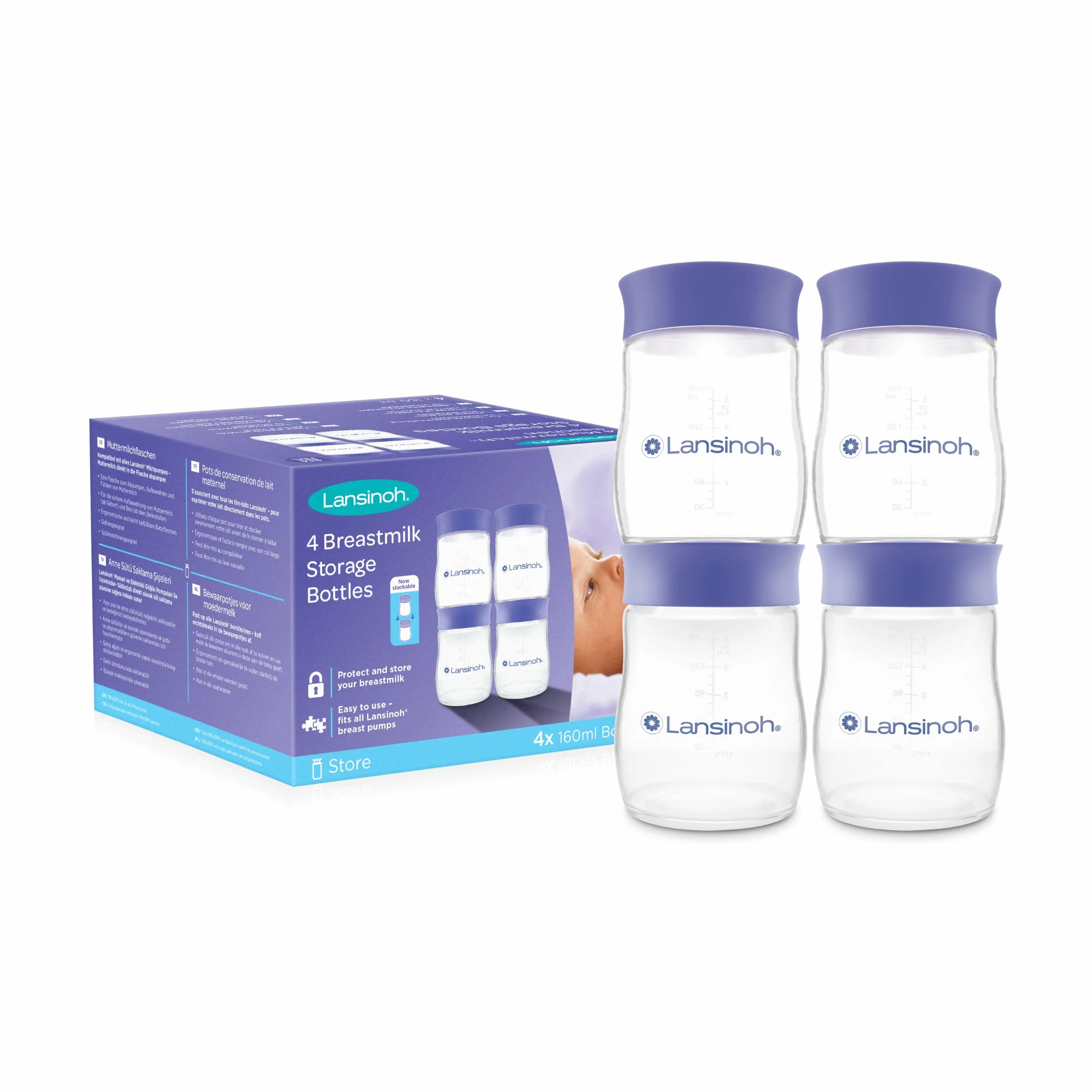 Lansinoh Breastmilk Storage Bottles Pack of 4 (160ml) fits NaturalWave teats, BPA & BPS free, Fridge or freezer storage, purple