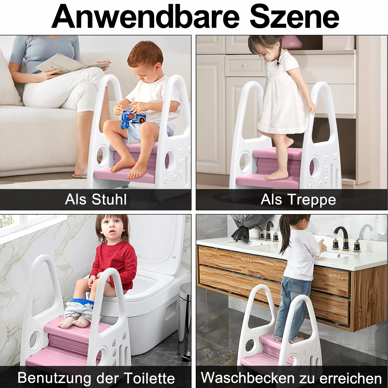 UISEBRT Taboret dla dzieci, 2 poziomy, stołek dziecięcy, dla małych dzieci, wieża do nauki, antypoślizgowa, z tworzywa sztucznego, do łazienki, sypialni, kuchni, pokoju dziecięcego, różowy