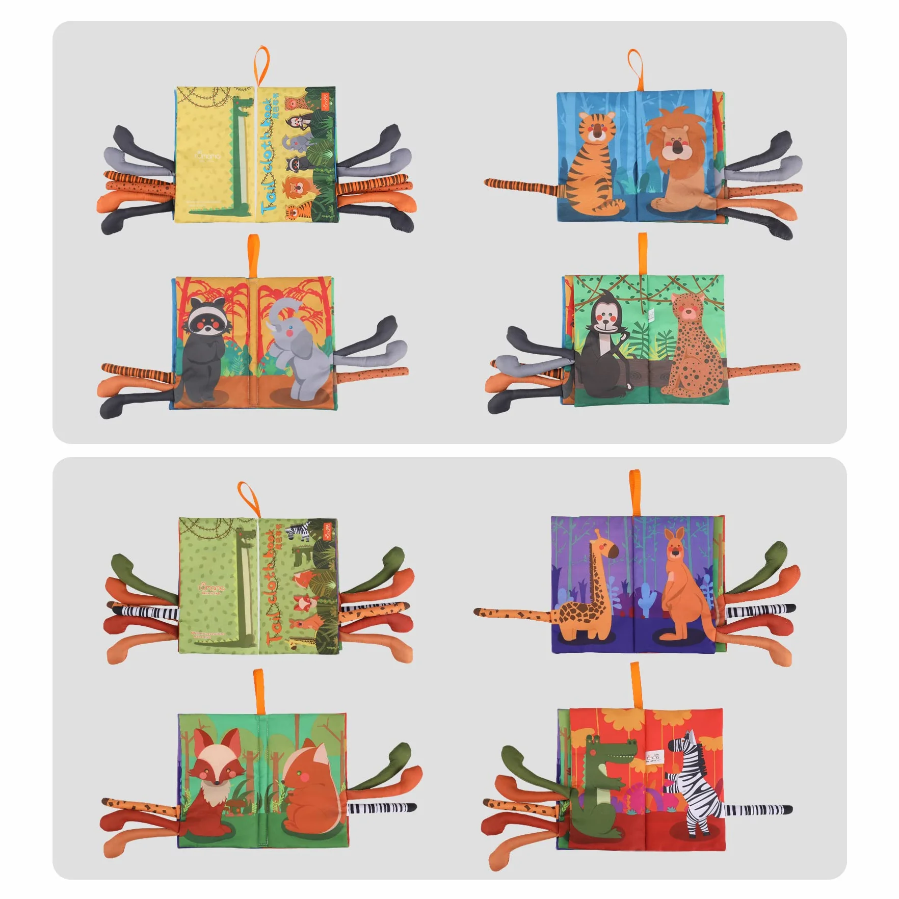 TUMAMA KIDS Baby Clolth Dierenboek, Książki z tkaniny, sensoryczna książka miękkie zabawki 3D ogony dżungli, piszczący i marszczący dźwięk, Książka do kąpieli wczesna nauka 0-3-6-9-12-18 miesięcy